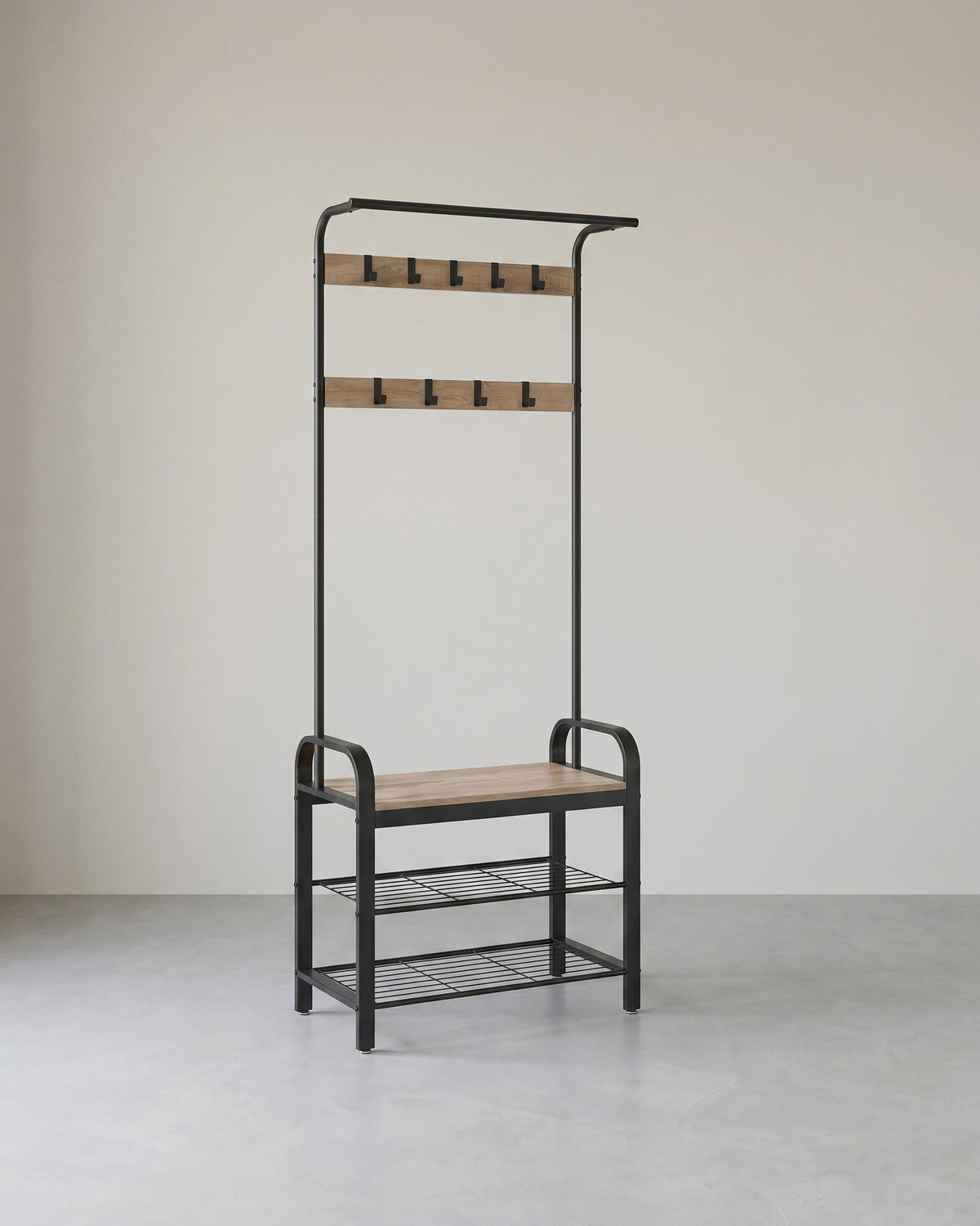 Garderobe mit Schuhregal & Sitzbank – Industriedesign Holz & Metall – 9 Haken + Kleiderstange – Flurmöbel