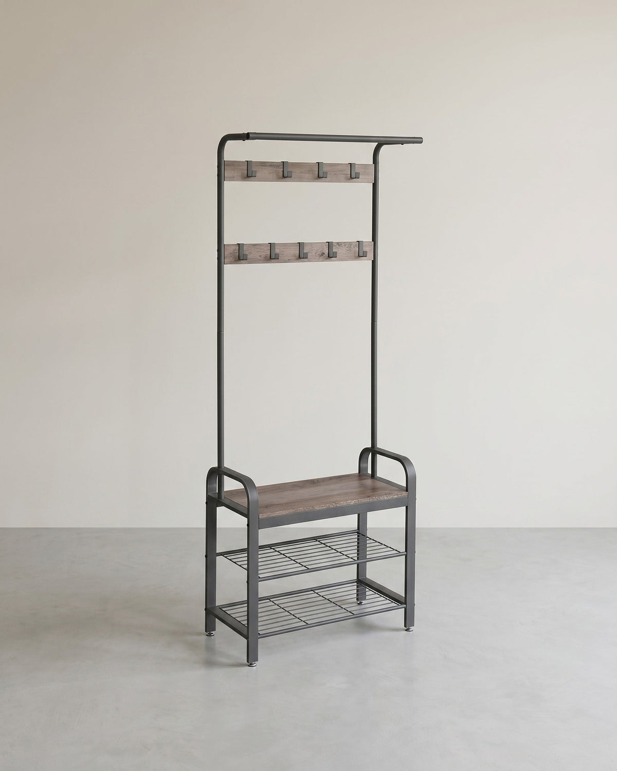 Garderobe mit Schuhregal & Sitzbank – Industriedesign Holz & Metall – 9 Haken + Kleiderstange – Flurmöbel