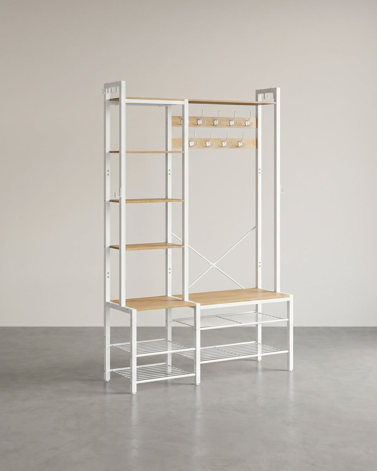 Garderobenständer mit Sitzbank und Schuhregal – 4-in-1-Design – 9 Haken, 5 Ablagen und Stauraum