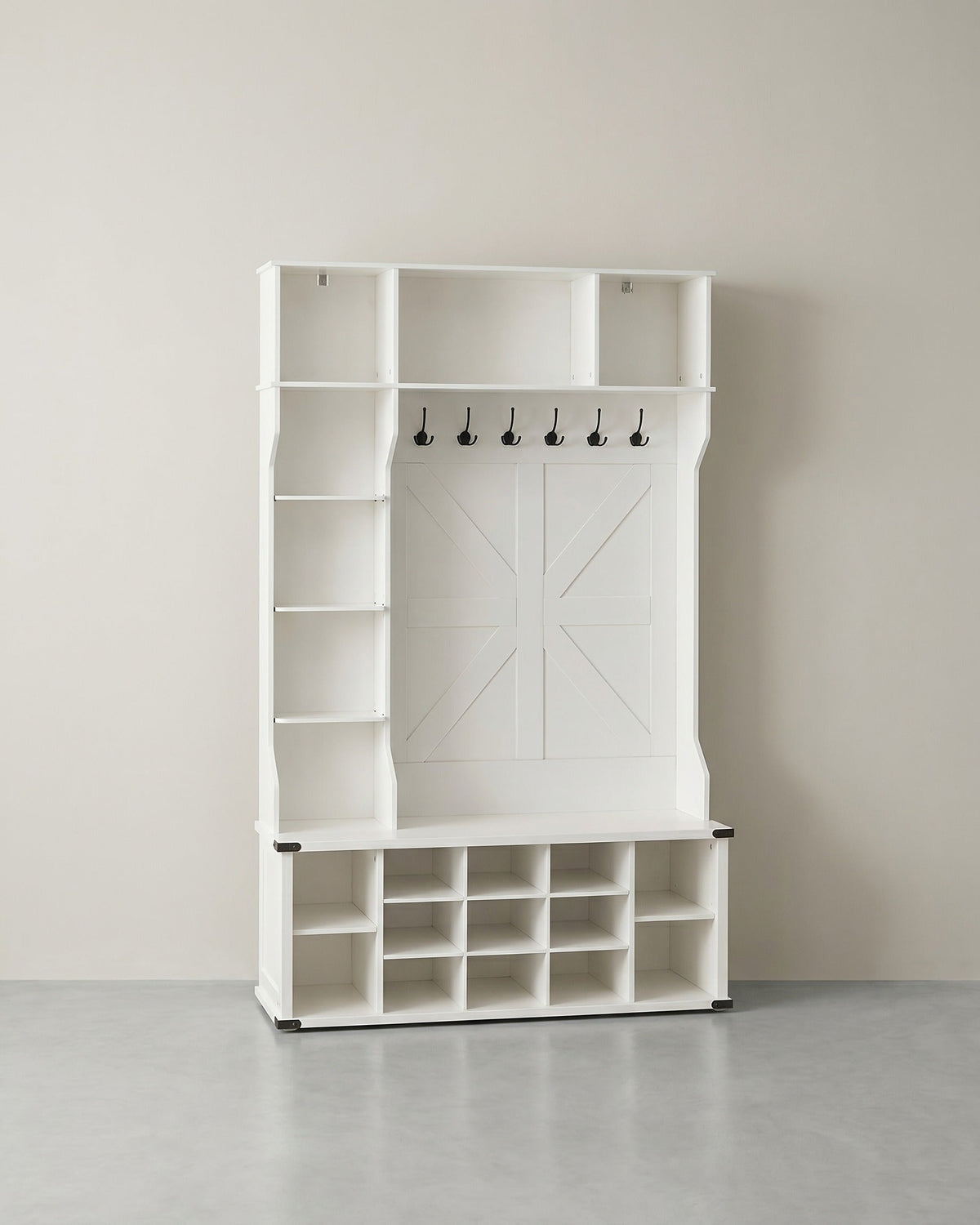 Garderobe mit Schuhregal – 4-in-1-Eingangsmöbel – Bank, Regale und Haken – 130 cm breit – Weiß – Landhausstil