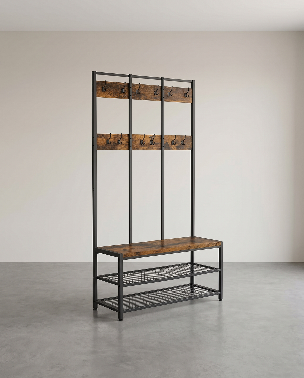Garderobe mit Schuhregal und Sitzbank – Industriedesign – 100 cm breit – Mit 12 Haken