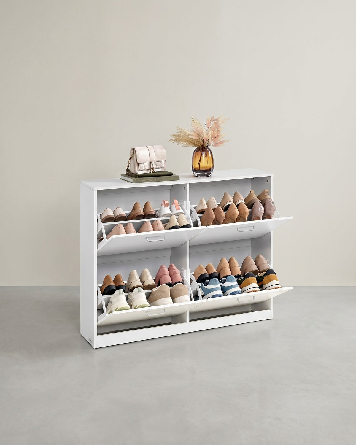 Schuhschrank mit 4 Klappen - schmale Bauform - verstellbare Fächer