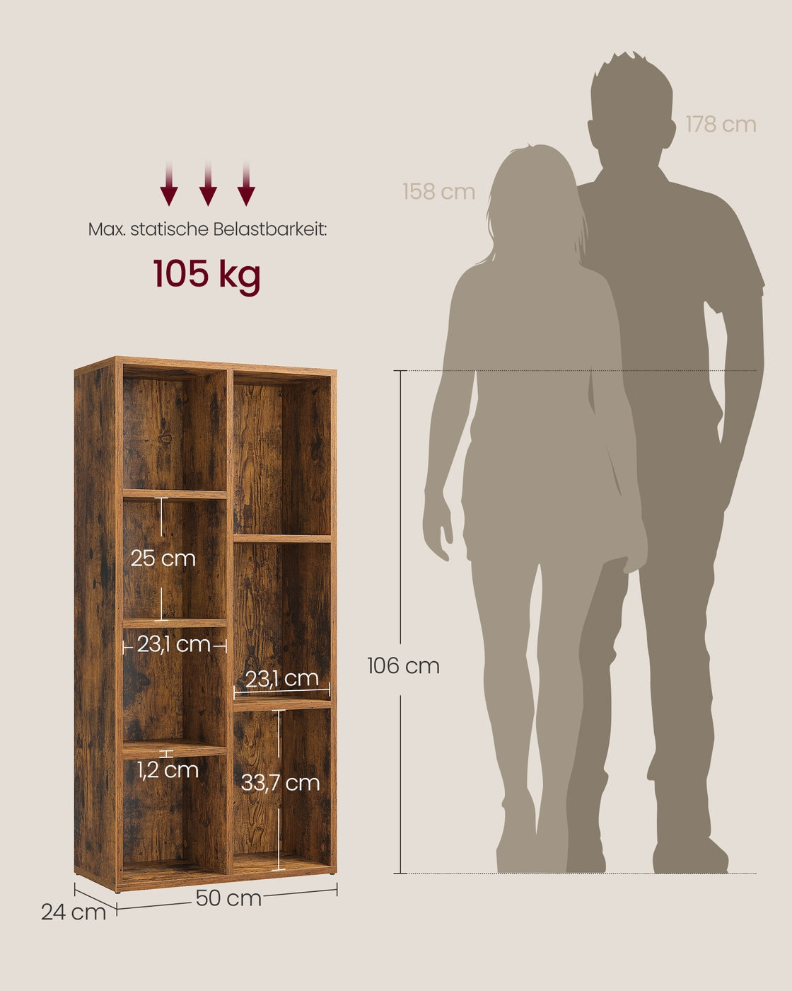 Bücherregal – Aufbewahrungsschrank – 5 oder 7 Fächer – 50 x 24 x 80 oder 106 cm