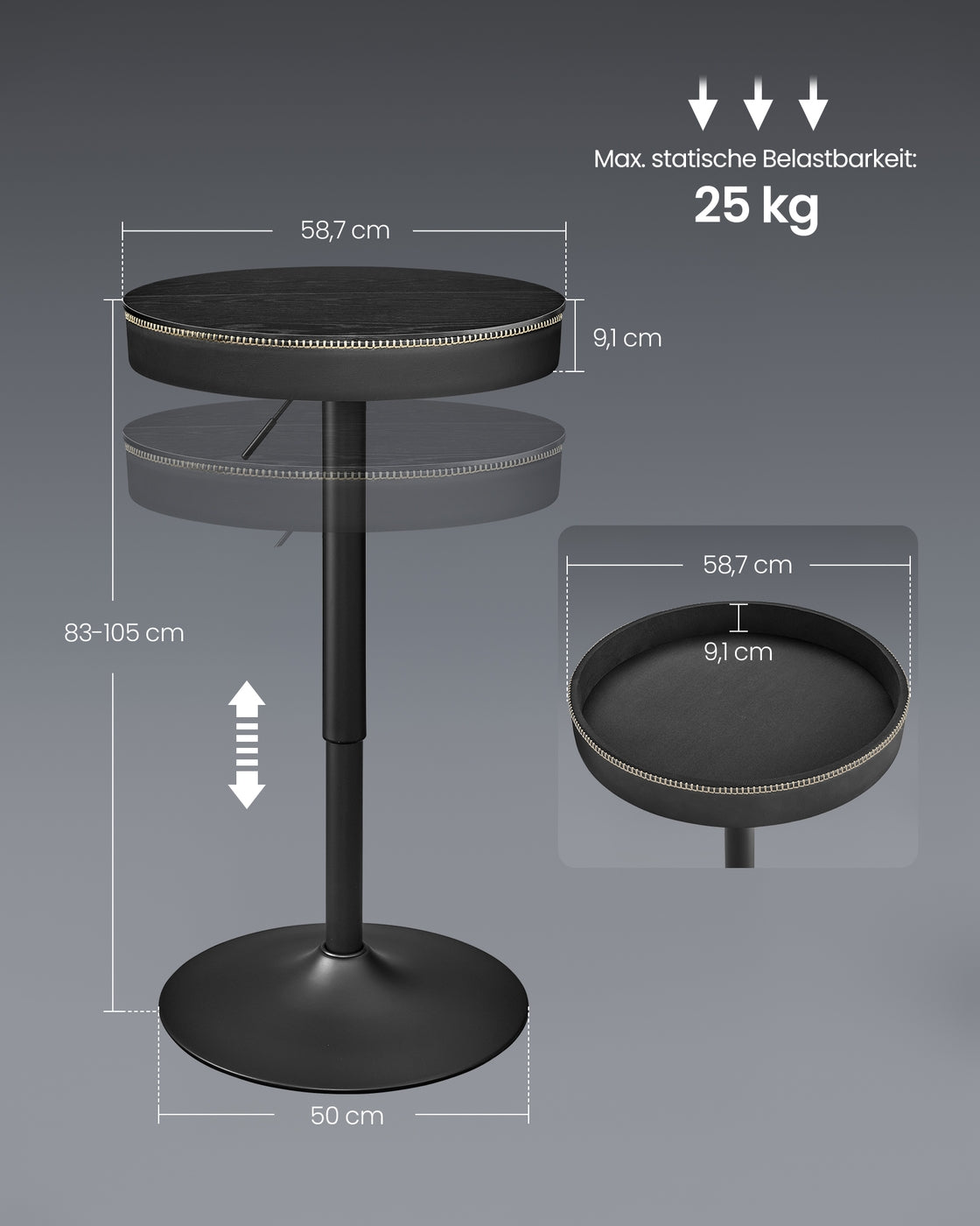 Stehtisch mit Stauraum - Höhenverstellbar (83-105 cm) - Runder Designtisch