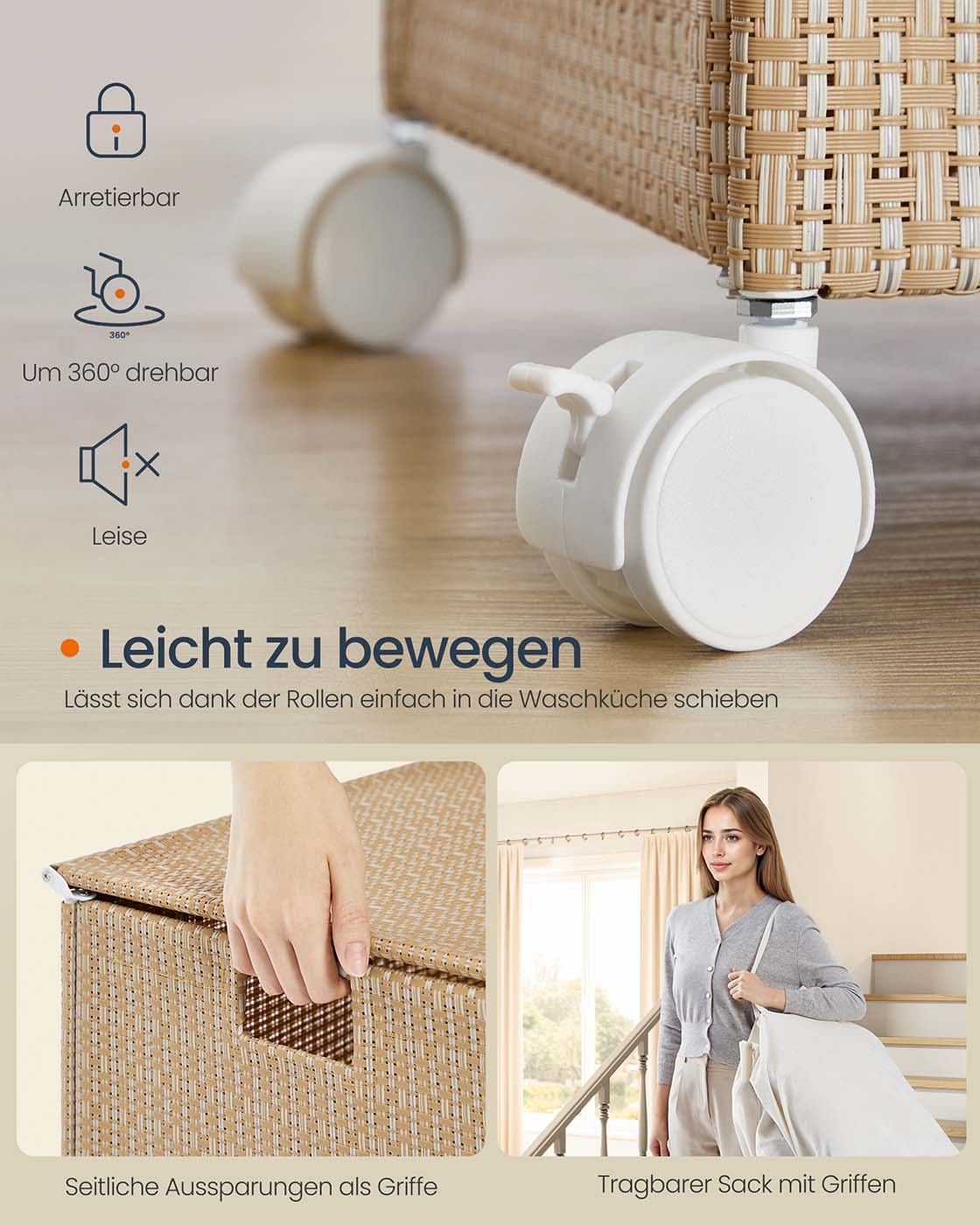Wäschekorb mit 3 Fächern – 140 L – mit Rollen, Deckel und herausnehmbarem Wäschesack – Rattanoptik – Naturbeige