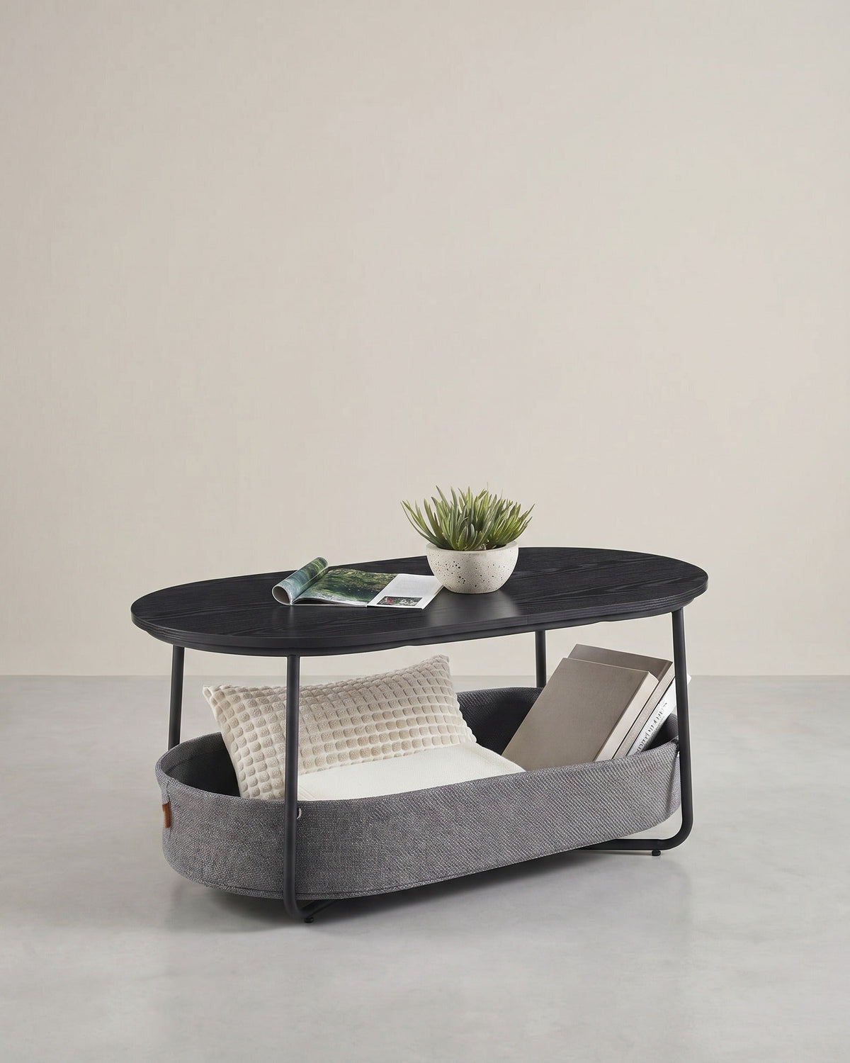 Couchtisch – Oval – Stauraum – Stahl und Spanplatte