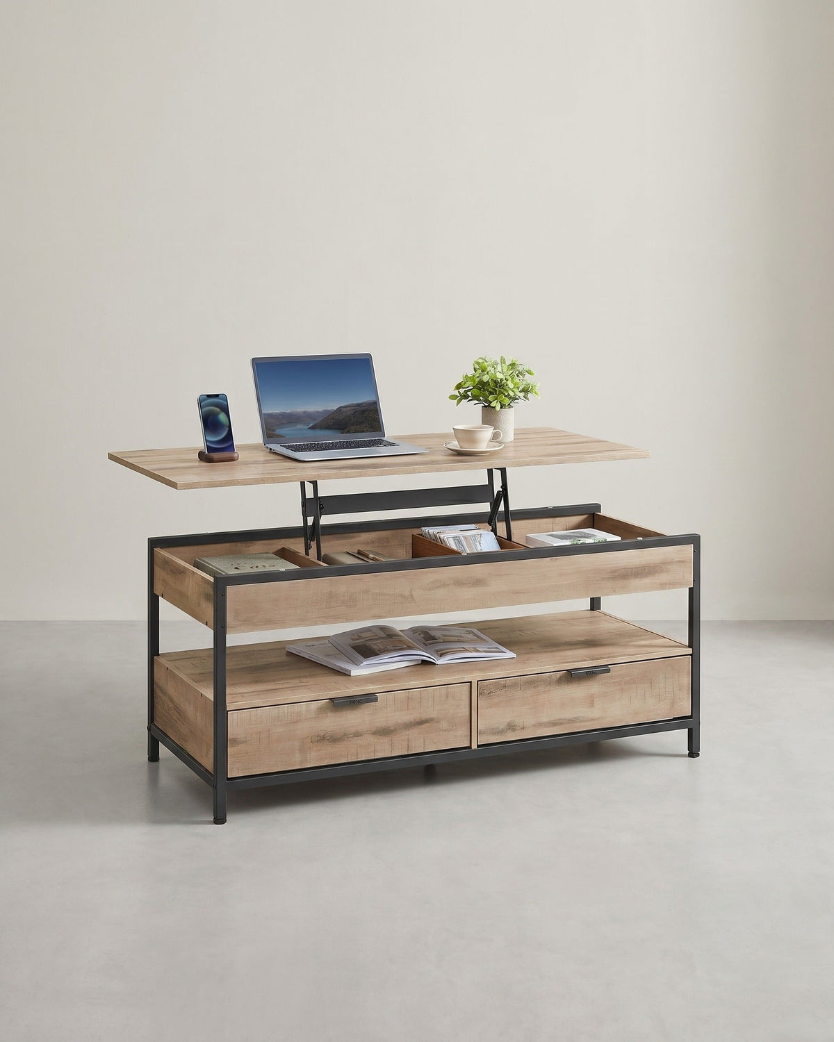 Verstellbarer Couchtisch im Industriestil mit anhebbarer Platte – 120 x 50 cm – Mit Schubladen und verstecktem Stauraum