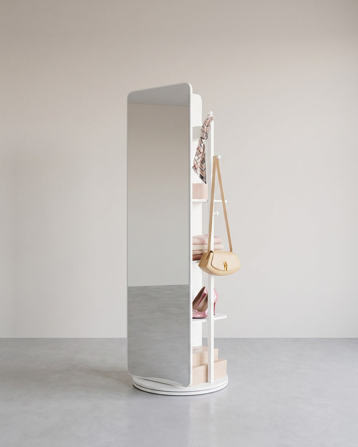 Standspiegel mit Ablagefläche – 360° drehbar – mit 4 Ablagen und 4 Haken – Ganzkörperspiegel – MDF und Sicherheitsglas