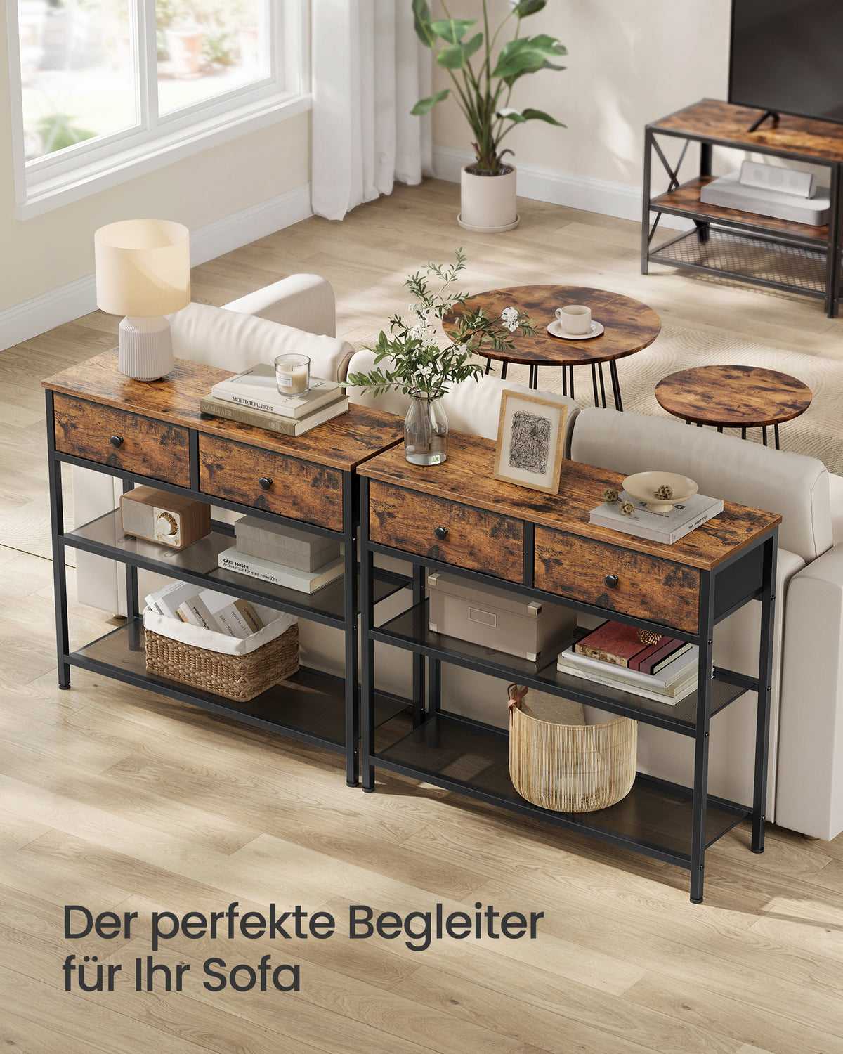 Schmaler Konsolentisch - Stahlrahmen Mit 3 Stoffschubladen - Für Flur Und Wohnzimmer