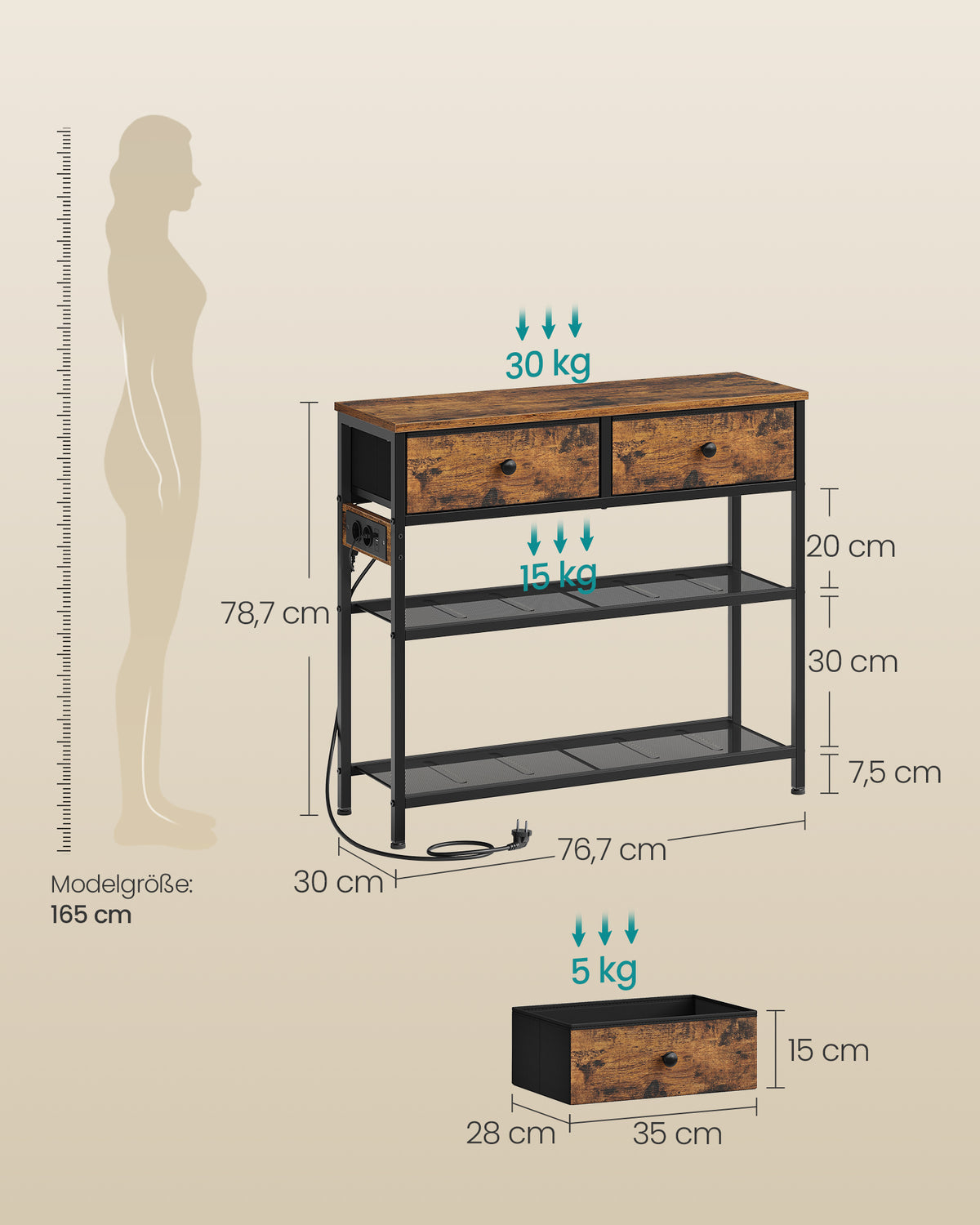 Schmaler Konsolentisch - Stahlrahmen Mit 3 Stoffschubladen - Für Flur Und Wohnzimmer