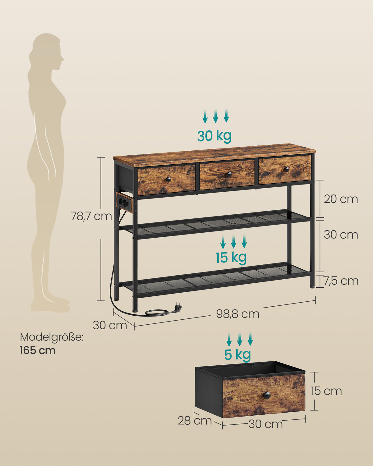 Schmaler Konsolentisch - Stahlrahmen Mit 3 Stoffschubladen - Für Flur Und Wohnzimmer