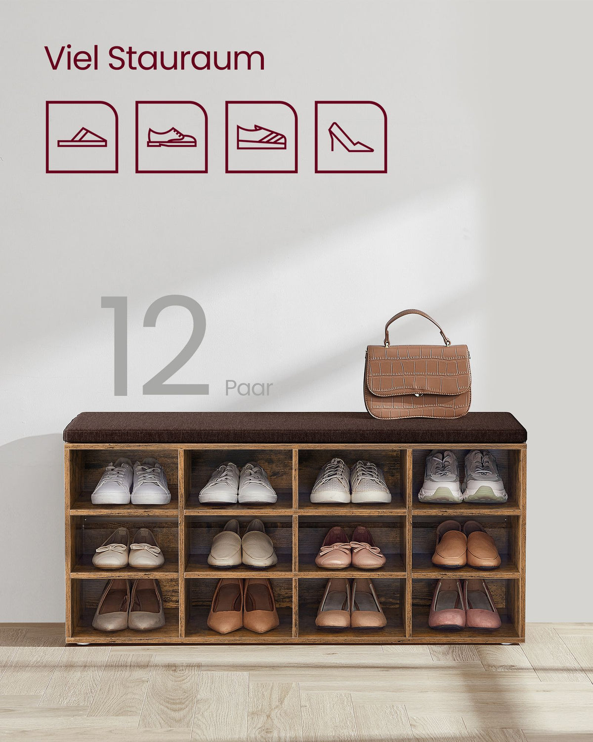Aufbewahrungsboxen – Schuhbank mit Stauraum – 9 Fächer – Verstellbare Böden – 30,3 x 78,5 x 48 cm – Spanplatte – Schaumstoff – Leinenoptik-Bezug – Max. Belastbarkeit 136 kg