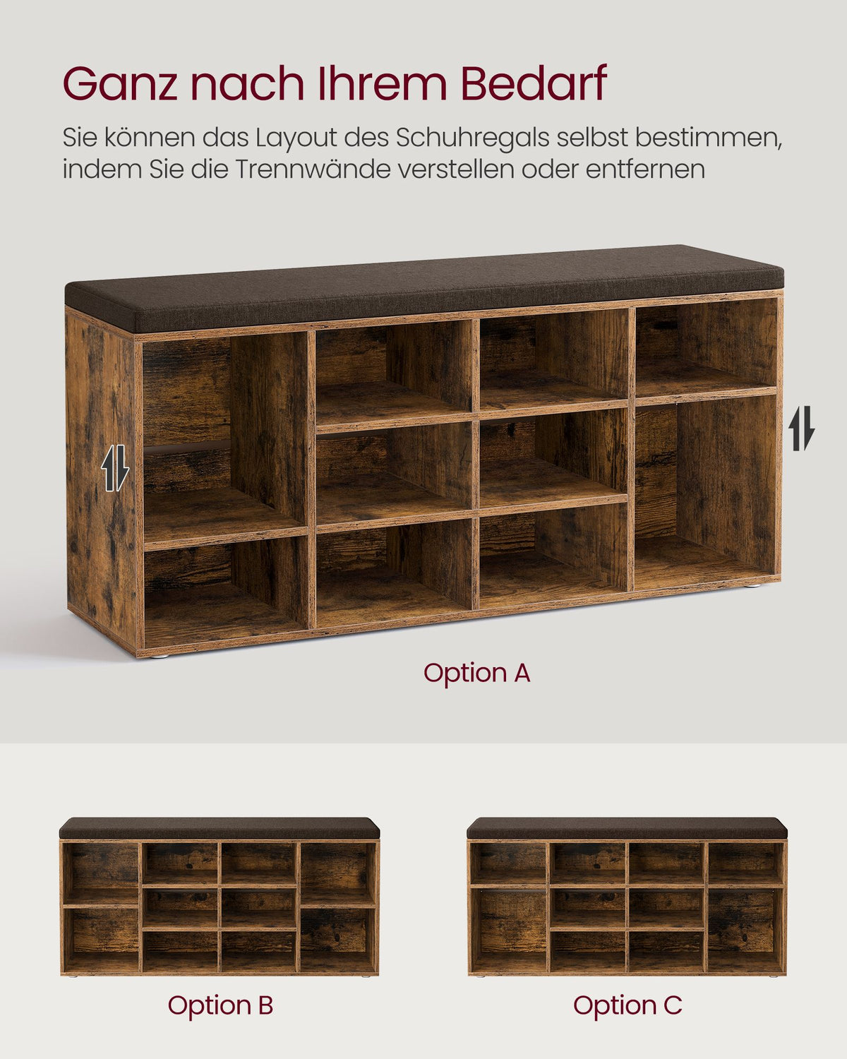 Aufbewahrungsboxen – Schuhbank mit Stauraum – 9 Fächer – Verstellbare Böden – 30,3 x 78,5 x 48 cm – Spanplatte – Schaumstoff – Leinenoptik-Bezug – Max. Belastbarkeit 136 kg