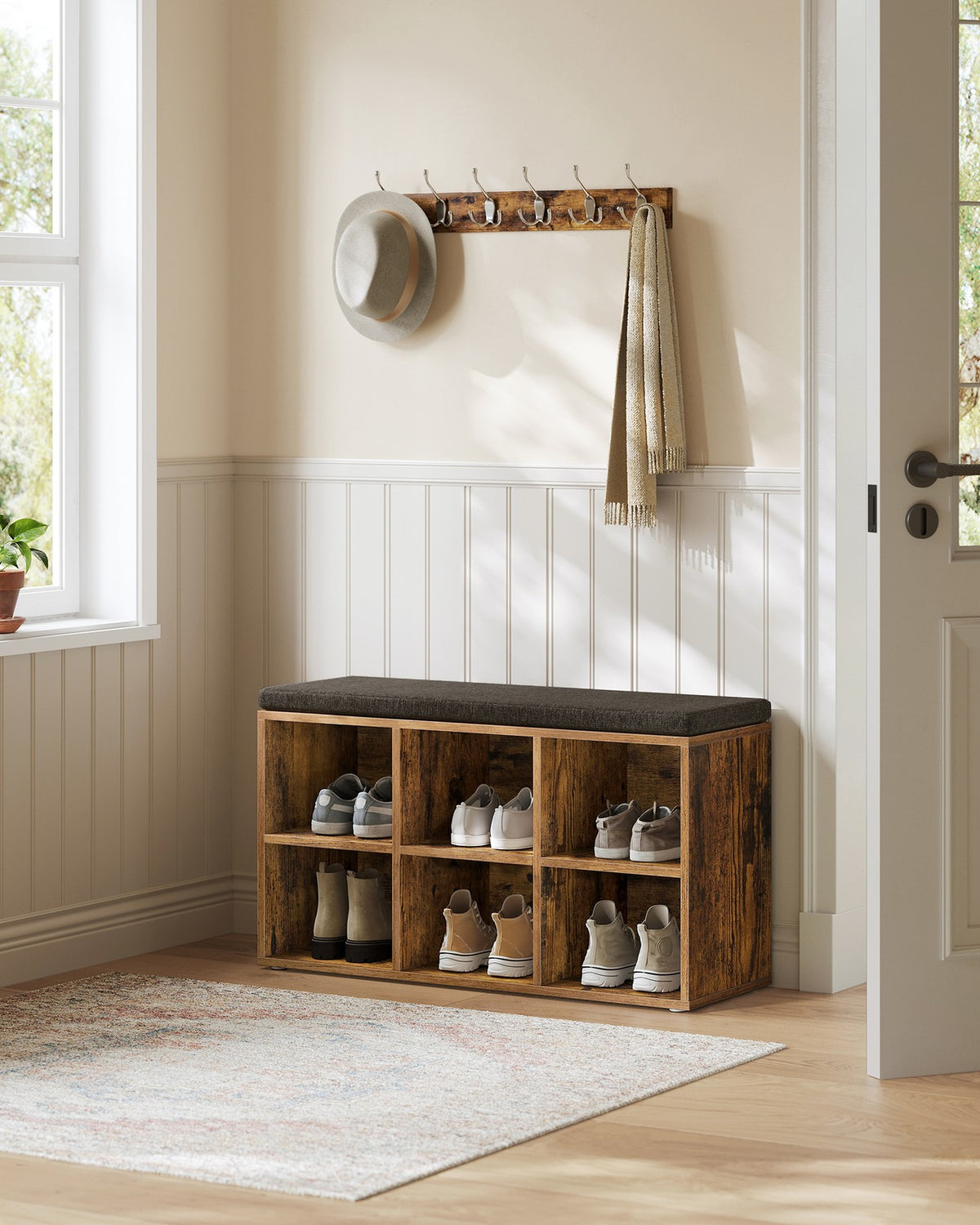 Aufbewahrungsboxen – Schuhbank mit Stauraum – 9 Fächer – Verstellbare Böden – 30,3 x 78,5 x 48 cm – Spanplatte – Schaumstoff – Leinenoptik-Bezug – Max. Belastbarkeit 136 kg
