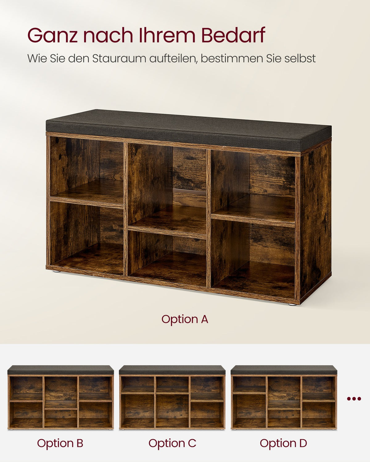 Aufbewahrungsboxen – Schuhbank mit Stauraum – 9 Fächer – Verstellbare Böden – 30,3 x 78,5 x 48 cm – Spanplatte – Schaumstoff – Leinenoptik-Bezug – Max. Belastbarkeit 136 kg
