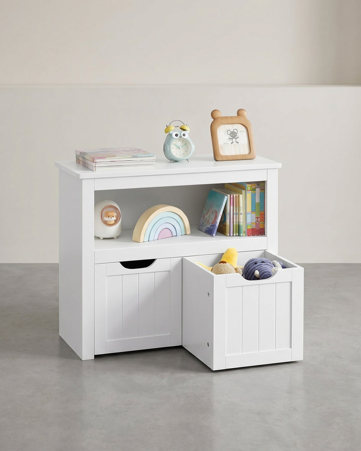 Kinderkleiderschrank mit Aufbewahrungsboxen und Rollen – Spielzeugschrank 72 cm – Weiß