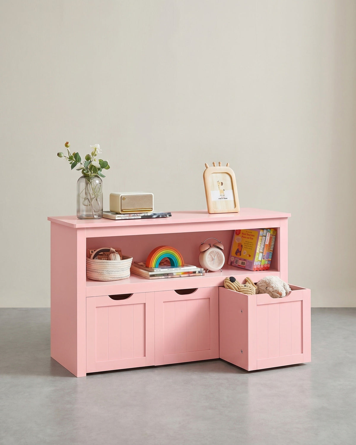 Spielzeugschrank mit 3 Aufbewahrungsbehältern - Stilvoll und praktisch - Kinderzimmer