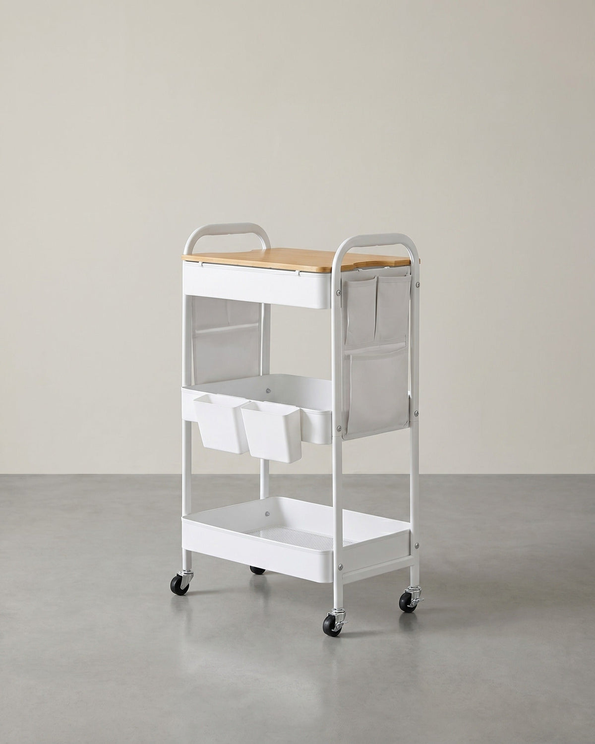 Servierwagen – 3 Drahtablagen – 2 abnehmbare Hängekörbe – Stahl – 30,6 x 44,3 x 74,2 cm – 3,8 kg – Tragkraft 30 kg