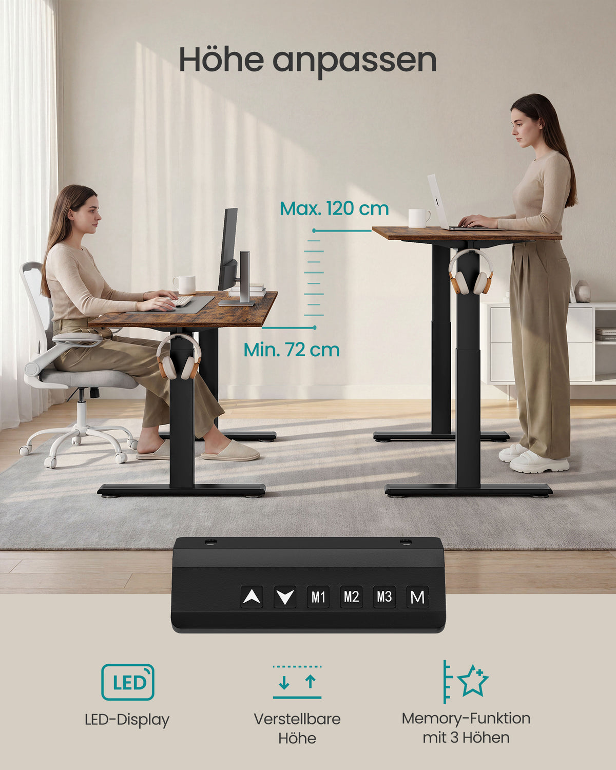 Sitz-Steh-Schreibtischgestell – Elektrisches Untergestell – Doppelmotor – Höhe 72–120 cm – USB-C
