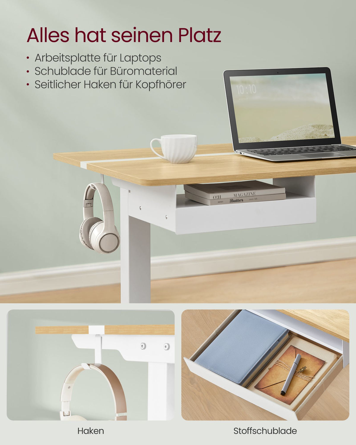 Kompletter Arbeitsplatz – Elektrischer Stehschreibtisch + ergonomischer Bürostuhl – mit Memory-Funktion – Steckdose – verstellbare Rücken- und Armlehnen