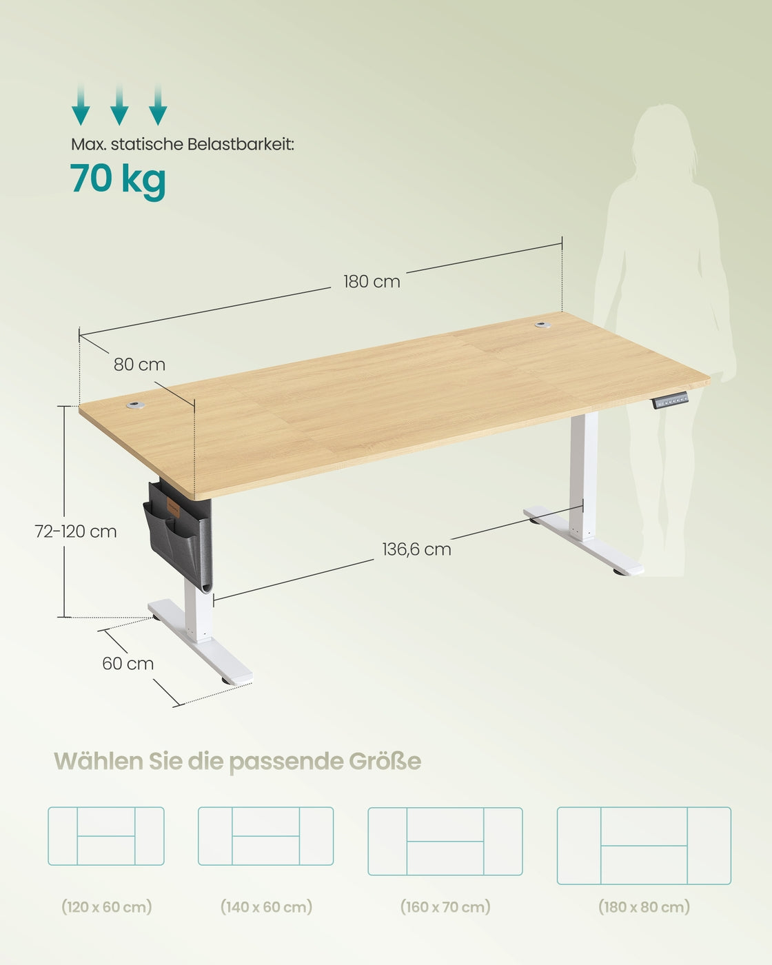 Elektrisch höhenverstellbarer Schreibtisch – 4 Speicherplätze – USB-C-Schnellladefunktion – 120 bis 180 x 80 cm