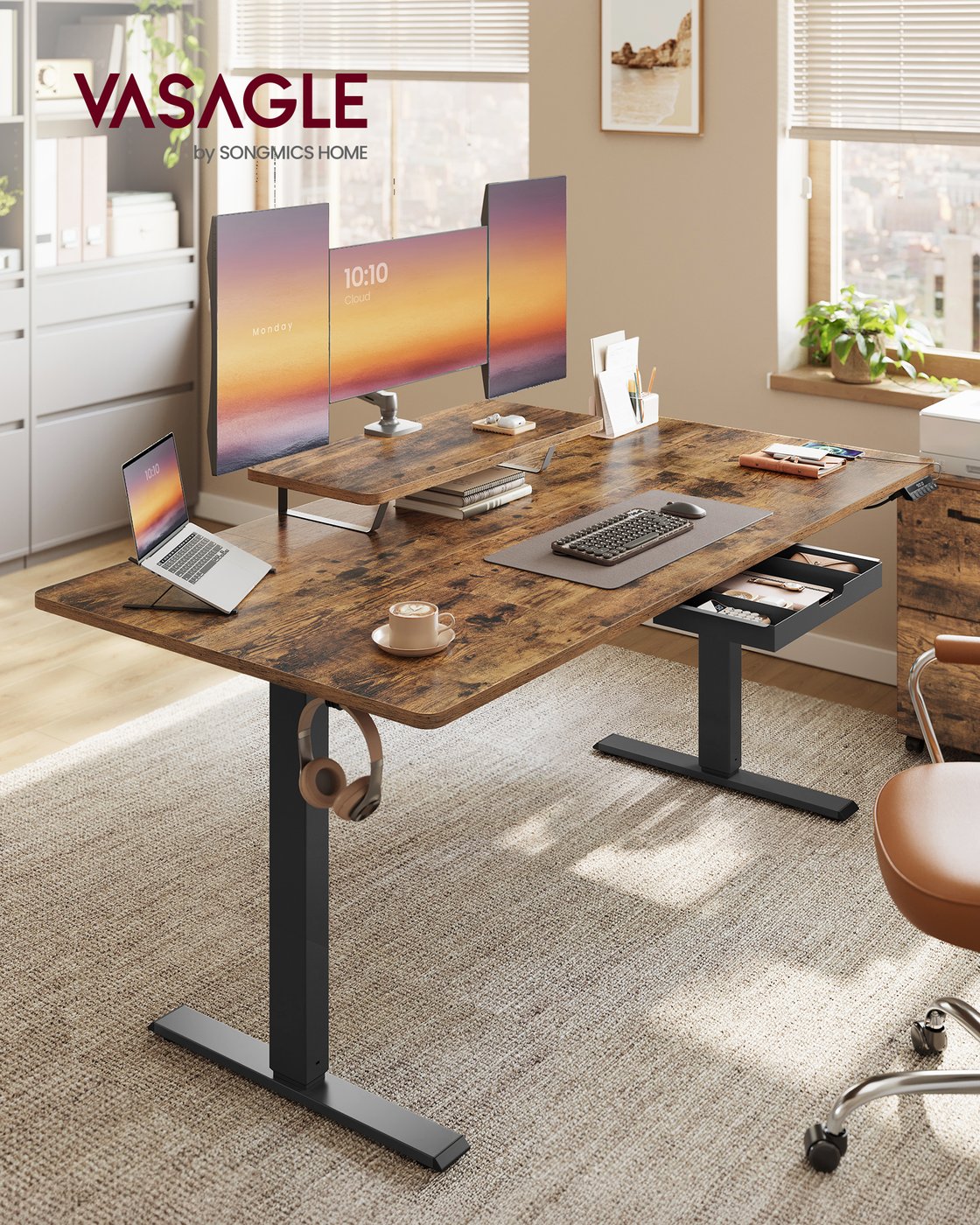 Elektrisch verstellbarer Schreibtisch – Mit Monitorständer – 140 oder 160 cm Tischplatte – USB-C & Memory-Funktion