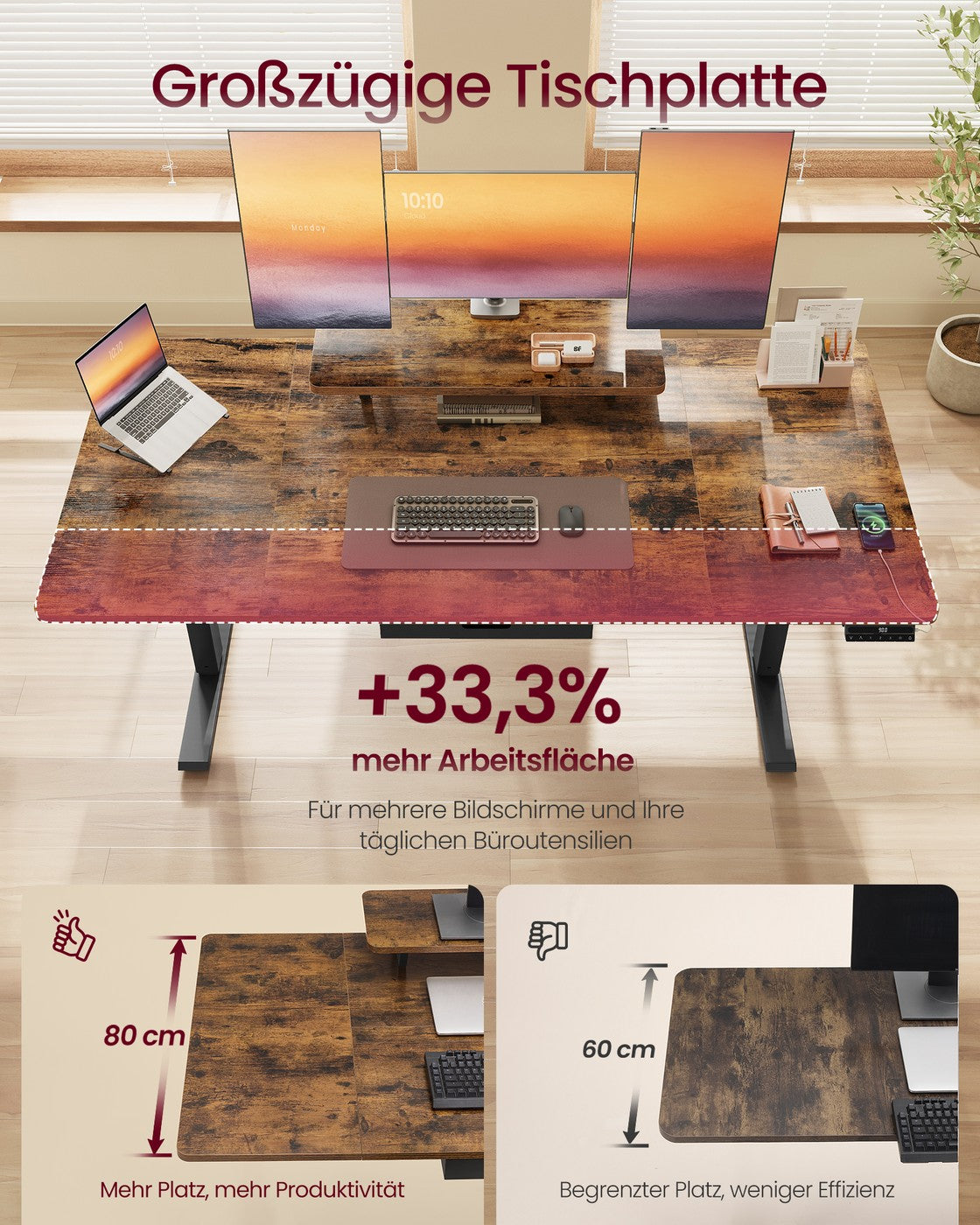 Elektrisch verstellbarer Schreibtisch – Mit Monitorständer – 140 oder 160 cm Tischplatte – USB-C & Memory-Funktion
