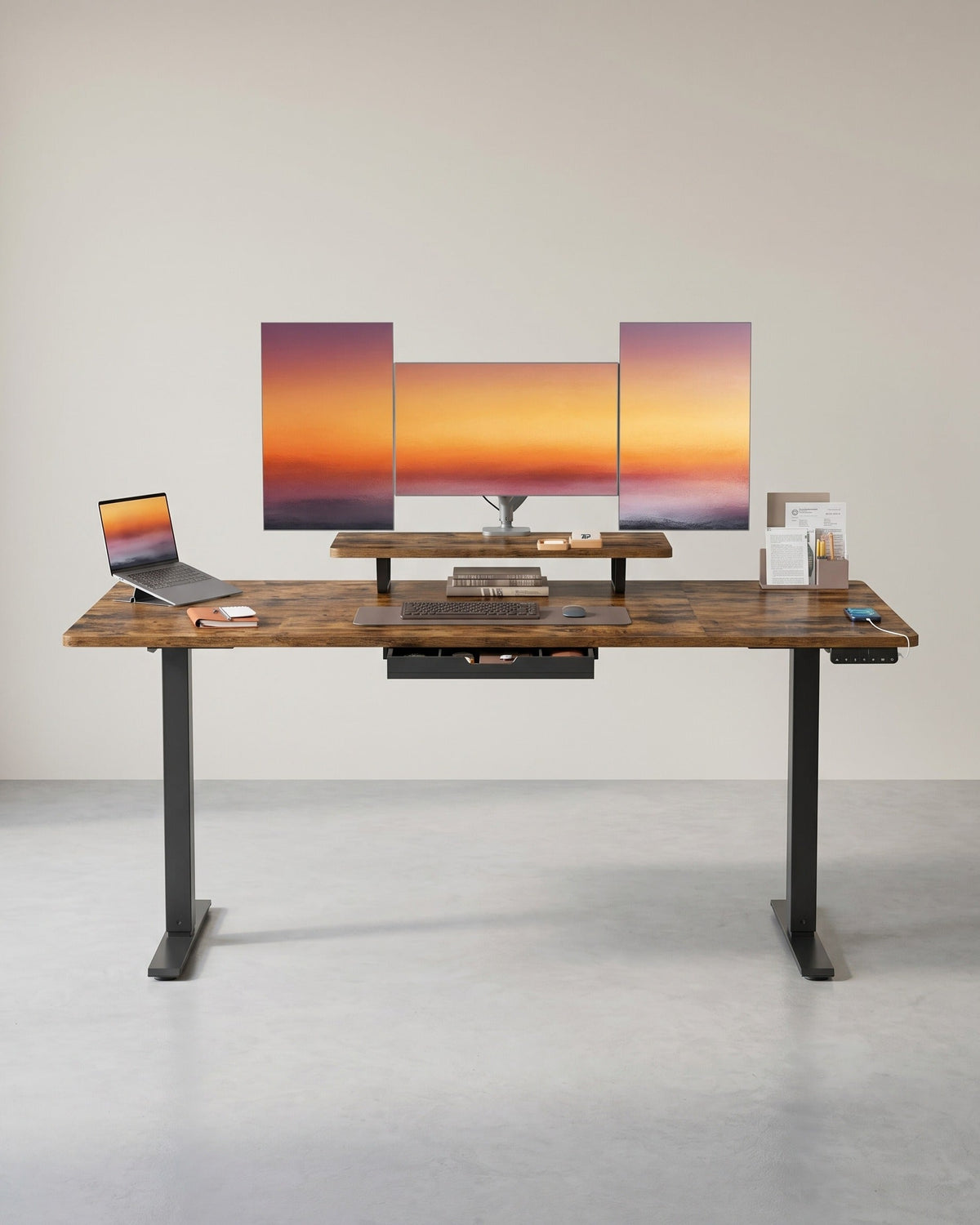 Elektrisch verstellbarer Schreibtisch – Mit Monitorständer – 140 oder 160 cm Tischplatte – USB-C & Memory-Funktion