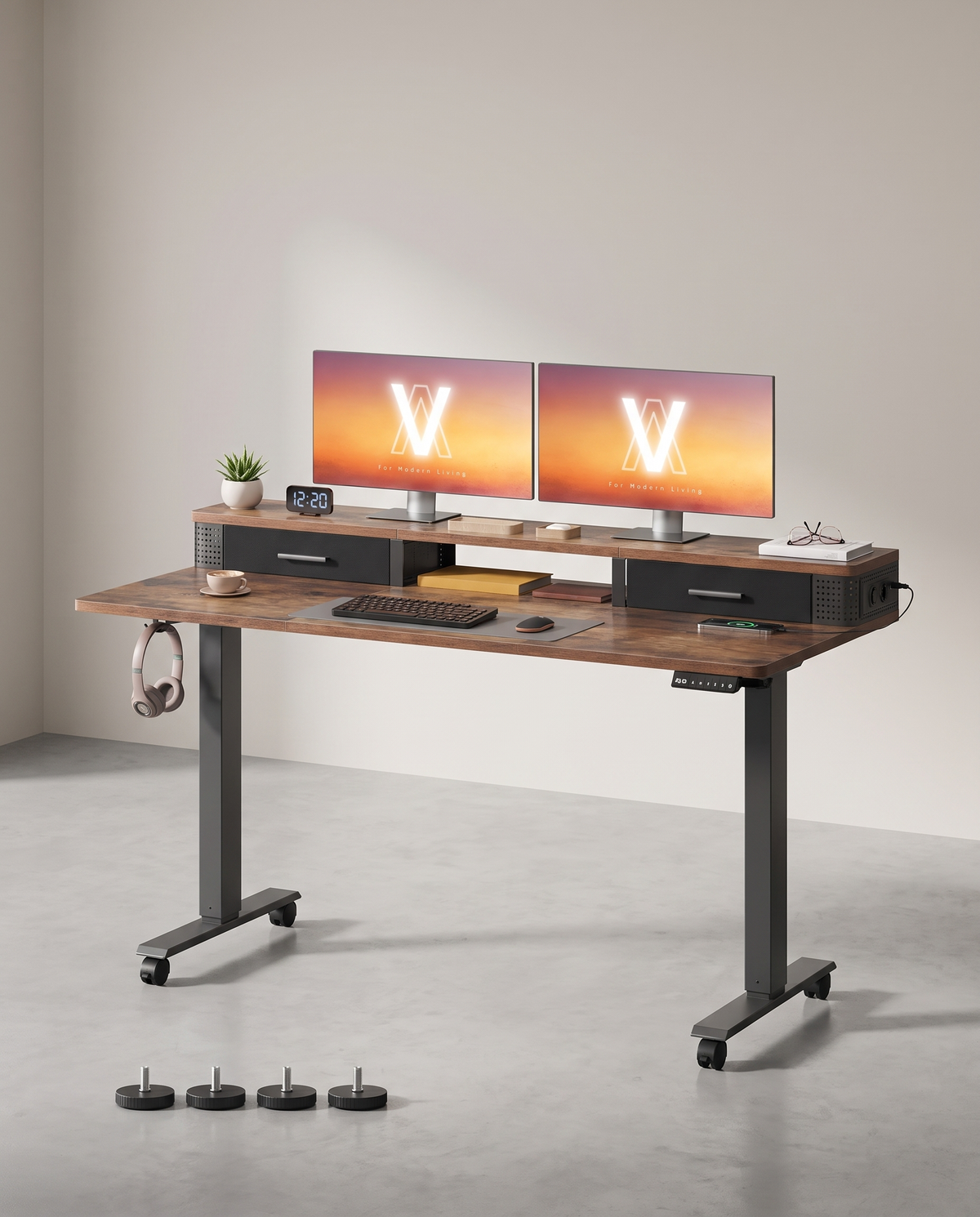 Höhenverstellbarer Schreibtisch – elektrisch – mit Memory-Funktion, Monitorhalterung und Steckdose