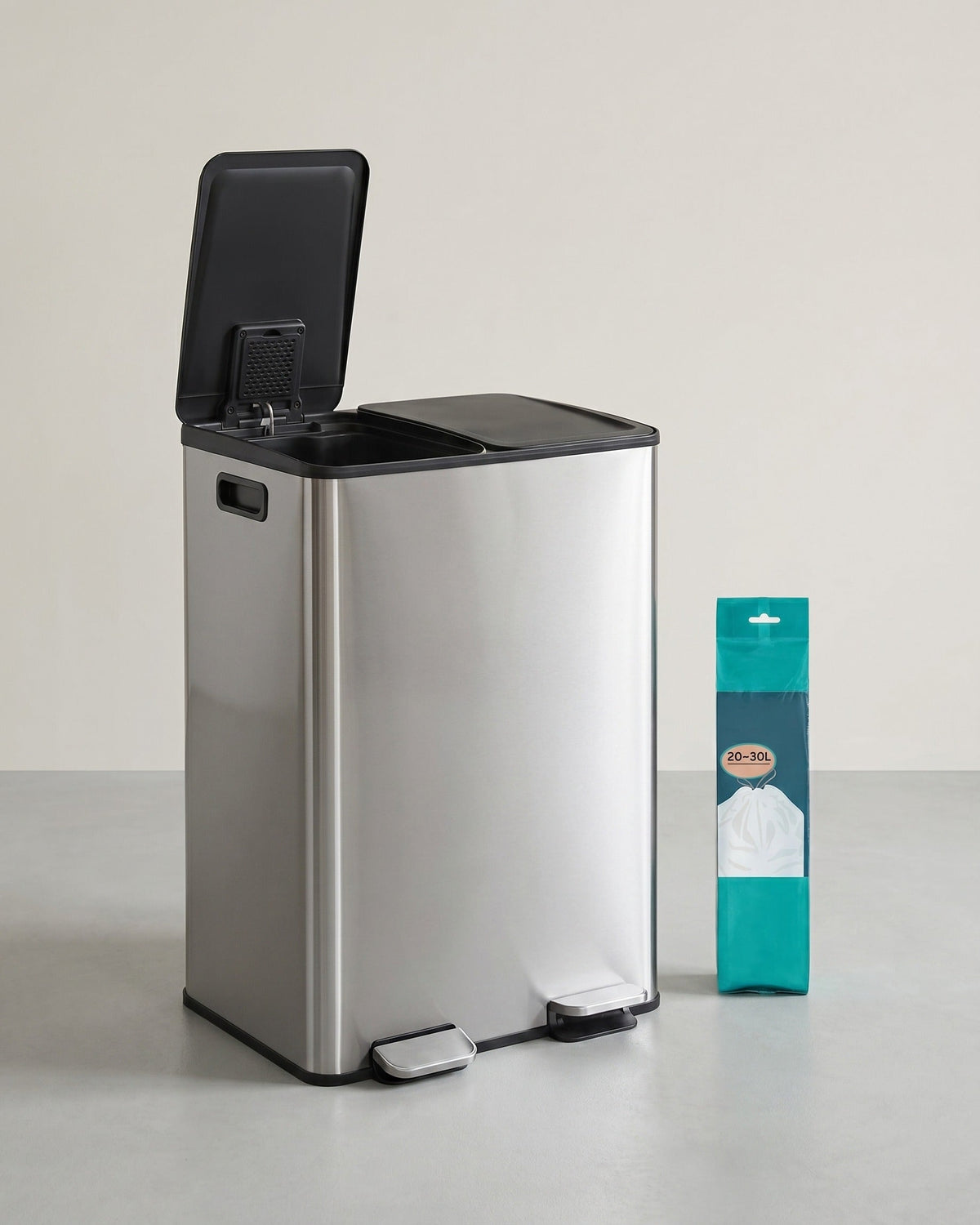 Doppelter Abfalleimer 2 x 30L – Stahl – Mit Pedalen & herausnehmbaren Inneneimern