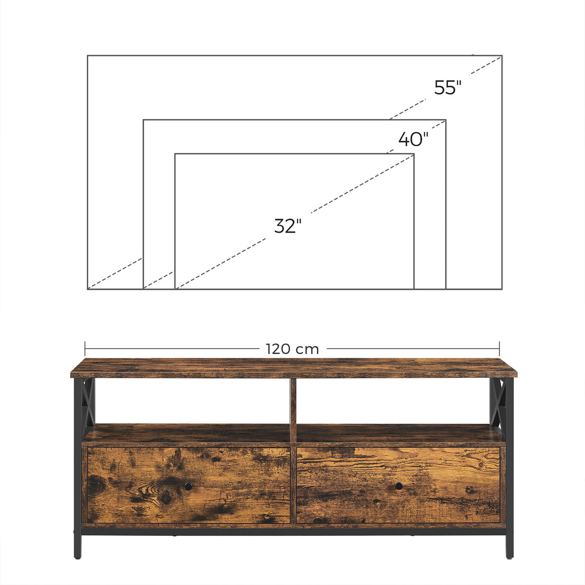 TV-Möbel - Industriell mit X-Gestell - Offene Fächer und Schubladen - 120, 147 oder 178 cm Breit