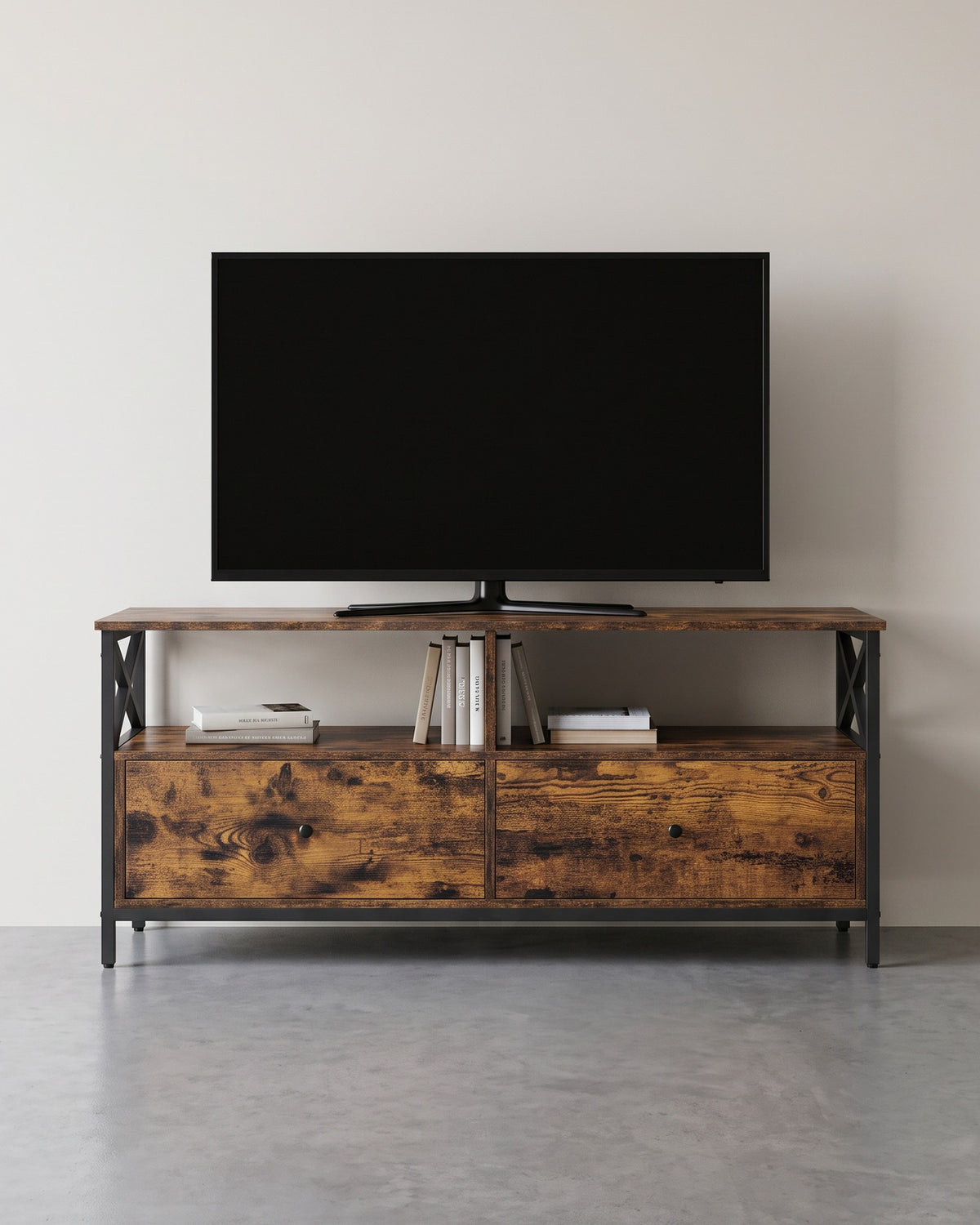 TV-Möbel - Industriell mit X-Gestell - Offene Fächer und Schubladen - 120, 147 oder 178 cm Breit