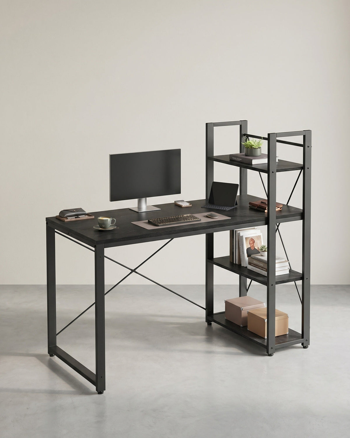 Schreibtisch mit Bücherregal – 120 cm breit – Flexible Regalmontage links oder rechts – Industriedesign – Bis zu 100 kg belastbar