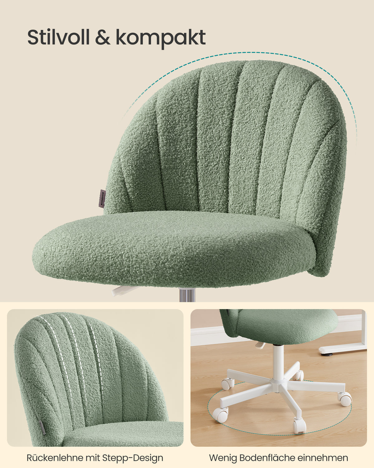Drehstuhl – Kompaktes Design – Weicher Bezug – Höhenverstellbar – 360°-Rollen – Ergonomische Rückenlehne