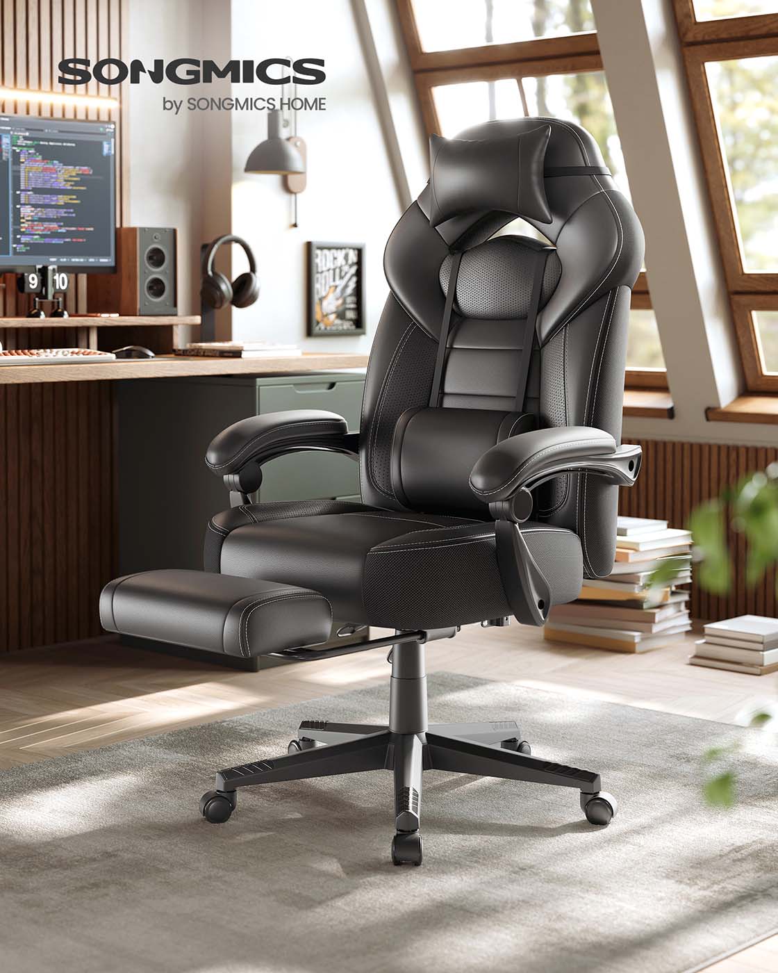 Gaming-Stuhl mit Fußstütze – ergonomisch – neigbar – höhenverstellbar
