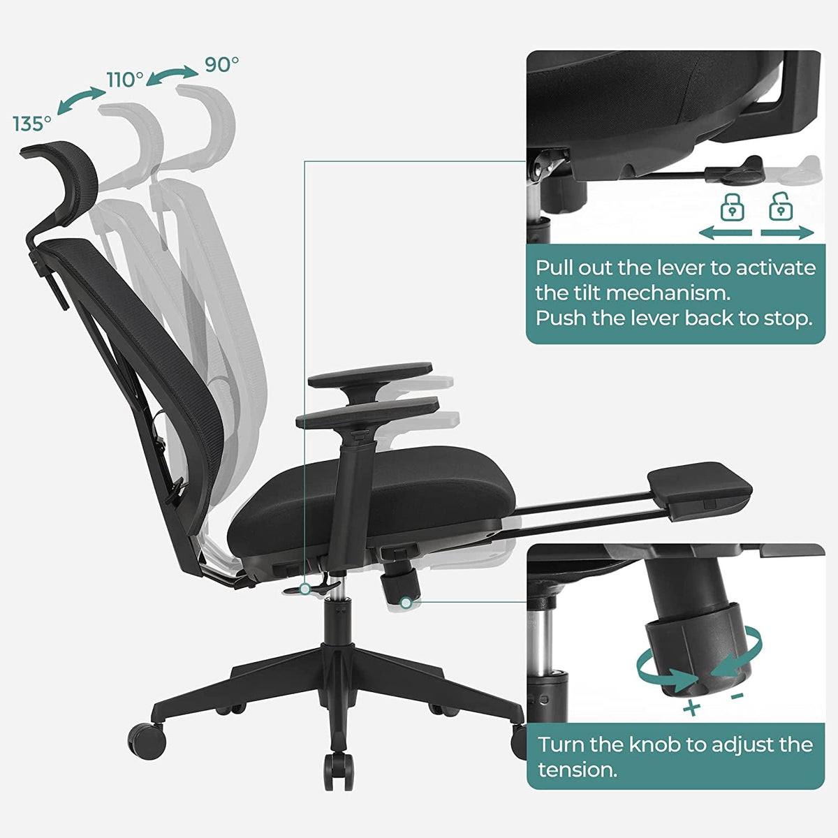 Ergonomischer Bürostuhl mit Fußstütze – Netzrückenlehne – verstellbare Lordosenstütze und Kopfstütze – 150 kg belastbar