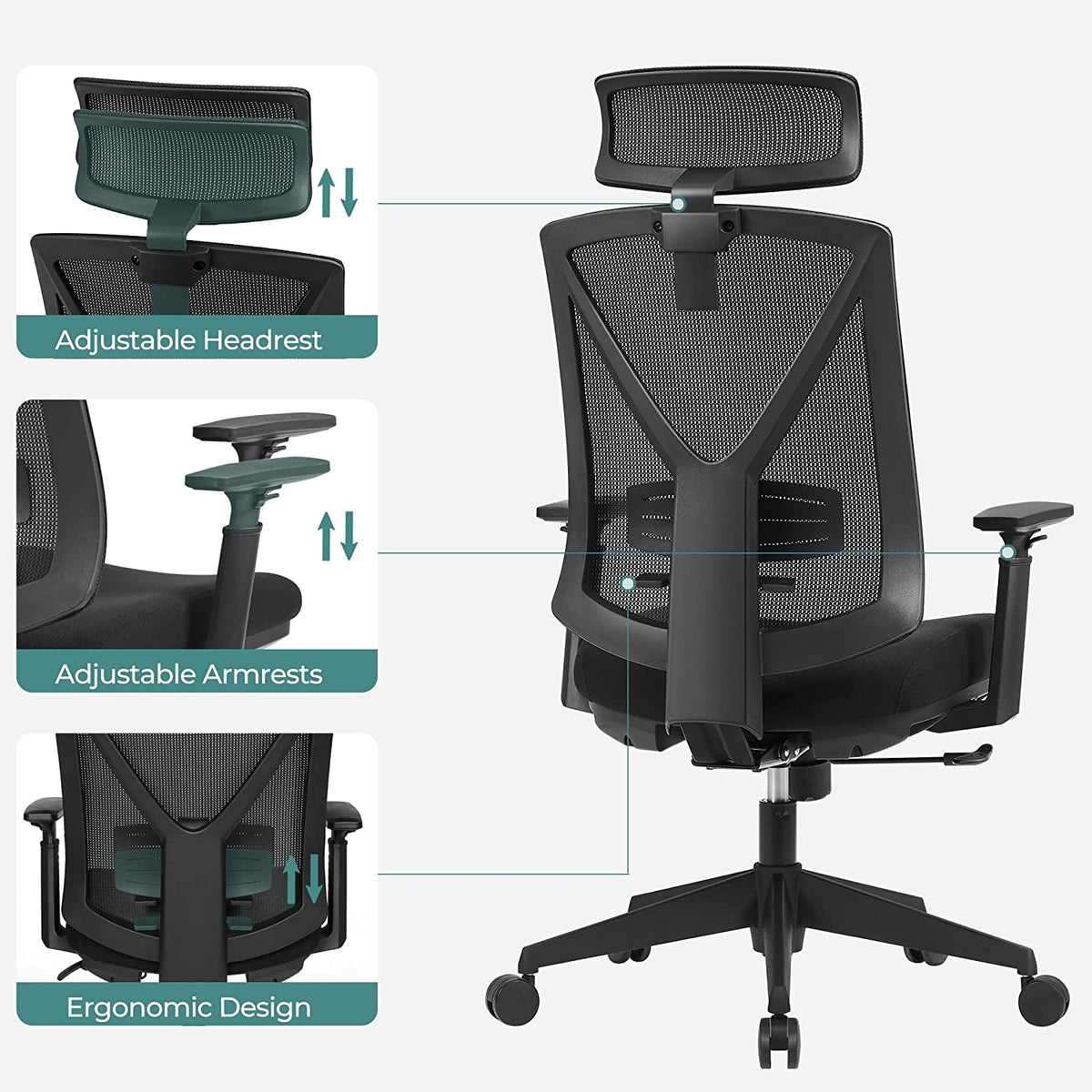 Ergonomischer Bürostuhl mit Fußstütze – Netzrückenlehne – verstellbare Lordosenstütze und Kopfstütze – 150 kg belastbar
