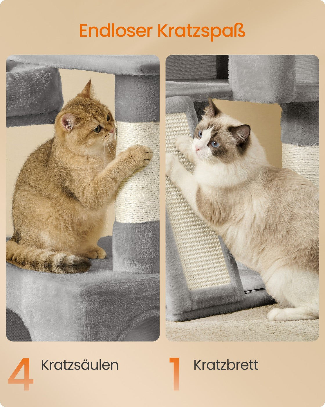 Kratzbaum 136 cm – 3 Plattformen + 4 Sisalstangen + Gemütliche Höhle – Katzenturm Für Mehrere Katzen