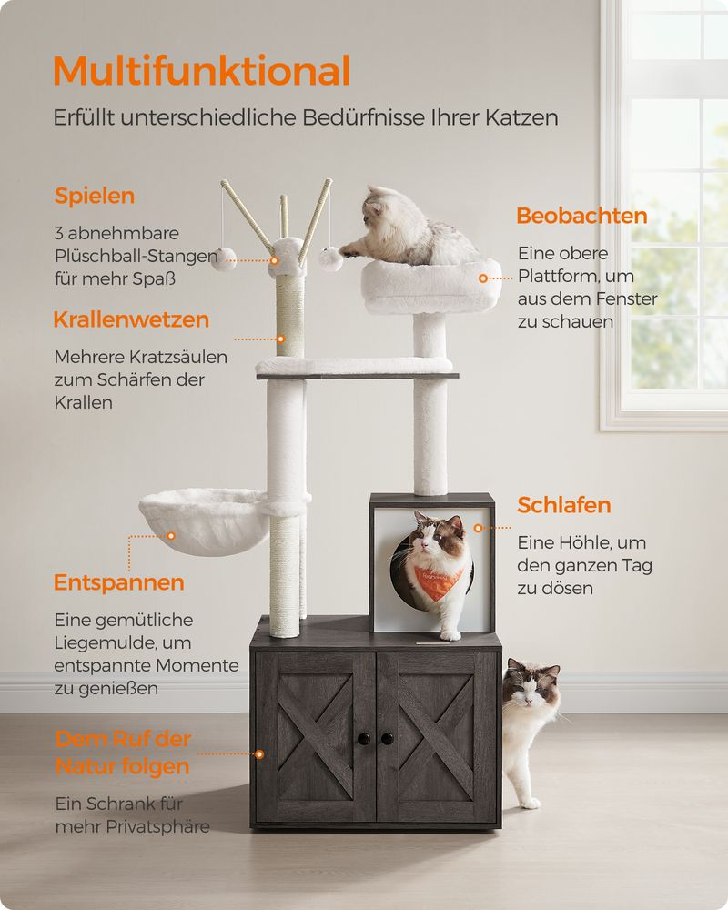 2-in-1 Kratzbaum mit Katzentoiletten-Umbau – All-in-One-Lösung – 140 cm hoch