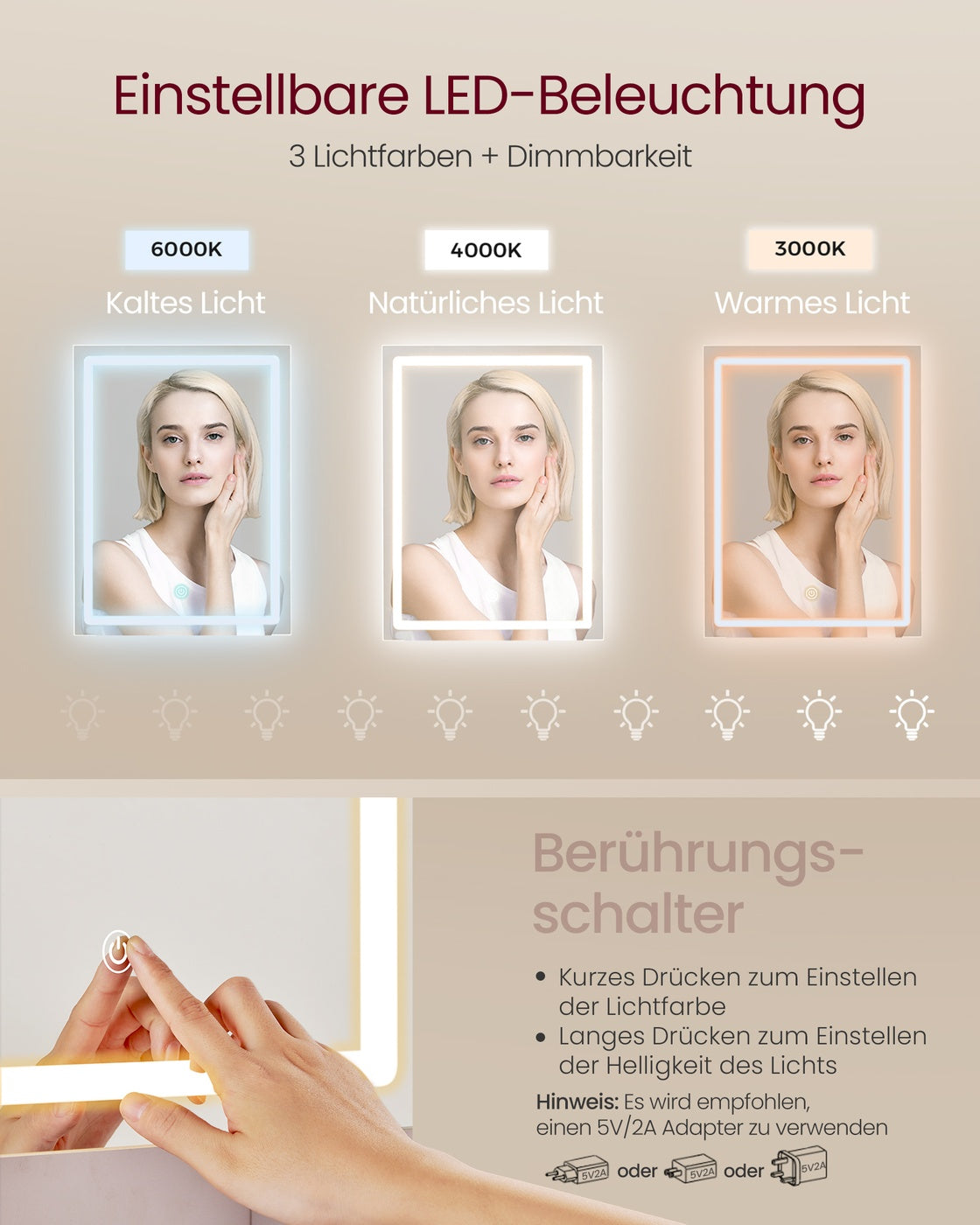 Schminktisch – mit LED-Beleuchtung – Mit 2 Schubladen und Staufächern - Aufklappbarer Spiegel