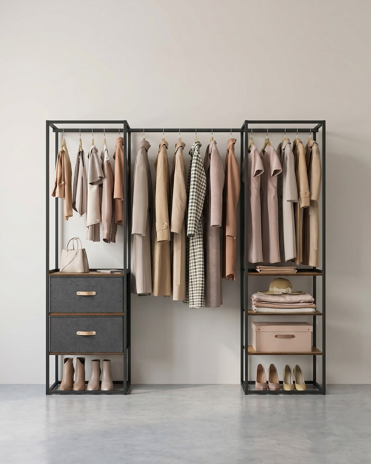 Kleiderschrank mit ausziehbarer Kleiderstange und Schubladen – multifunktional – verstellbare Aufteilung