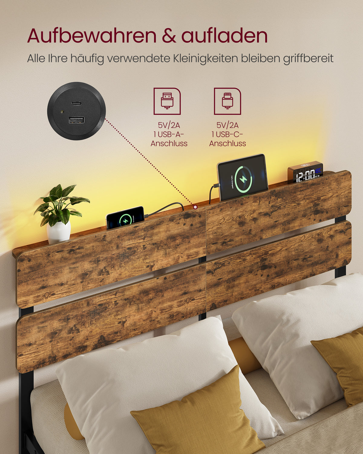 Metallbettgestell mit LED-Beleuchtung und Ladestation – Industriedesign – USB-A und USB-C – mit Stauraum unter dem Bett