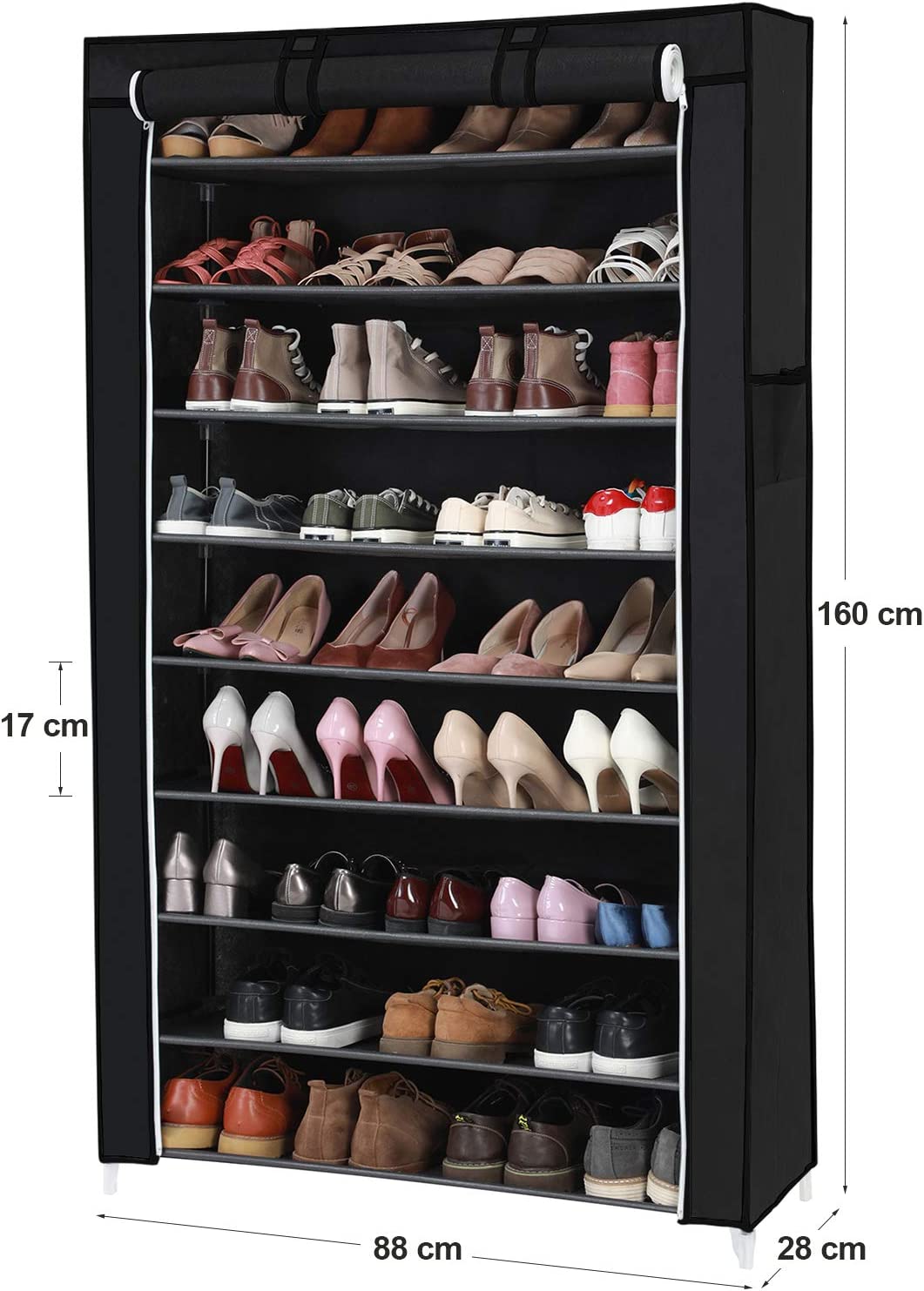 Schuhschrank mit Stoffbezug – 10 Ebenen – Für 45 Paar Schuhe – Mit Reißverschlusstür und Seiten