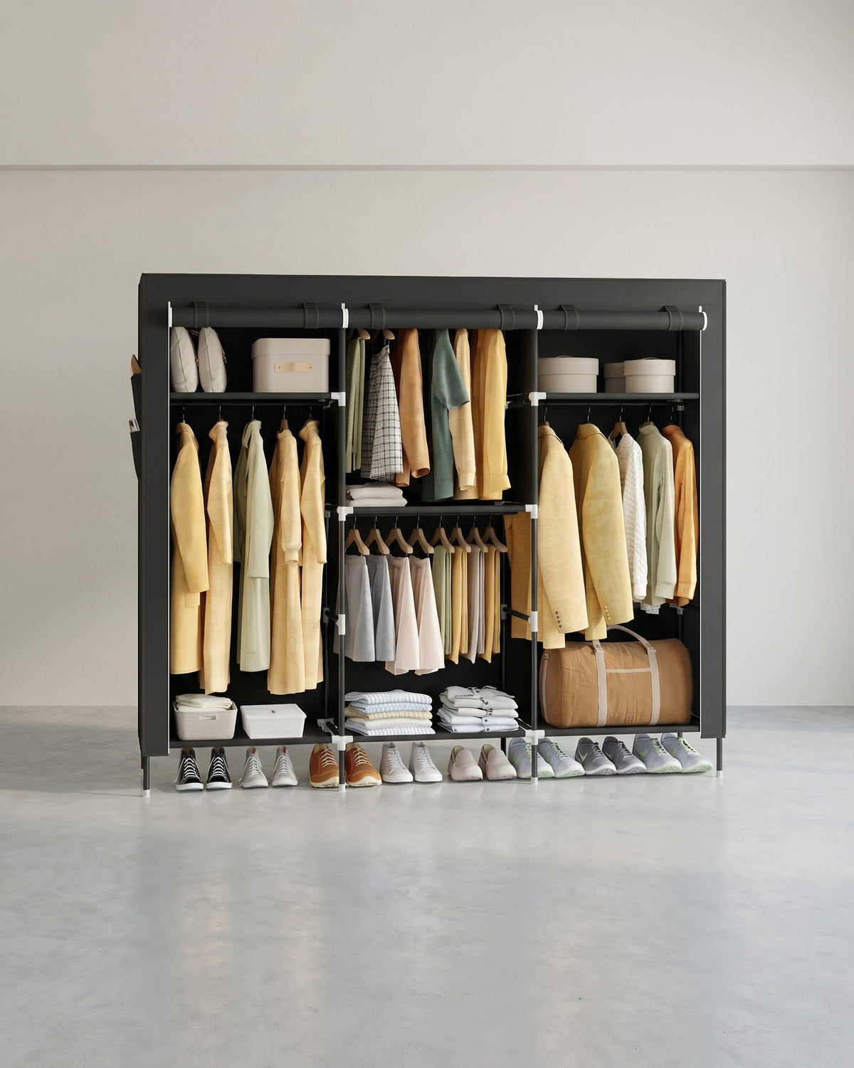 Stoffkleiderschrank – Mit Kleiderstange und Staufächern – Platzsparend – Mit Abdeckung