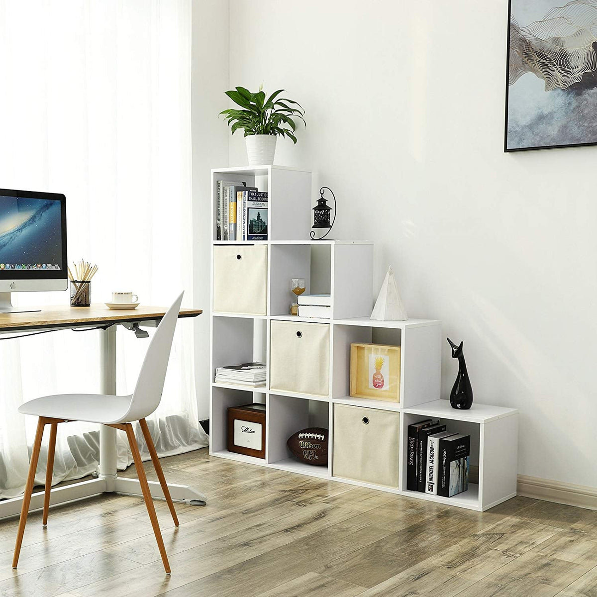 Bücherregal mit 10 Fächern – Raumteiler – Aufbewahrungsschrank – 129,5 x 29 x 129,5 cm – Weiß
