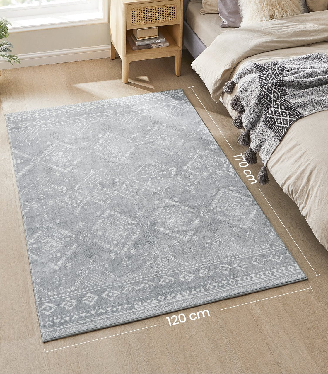 Boho Teppich 120x170 cm – Waschbar & Rutschfest – Weicher Flauschiger Teppich für Wohnzimmer und Schlafzimmer