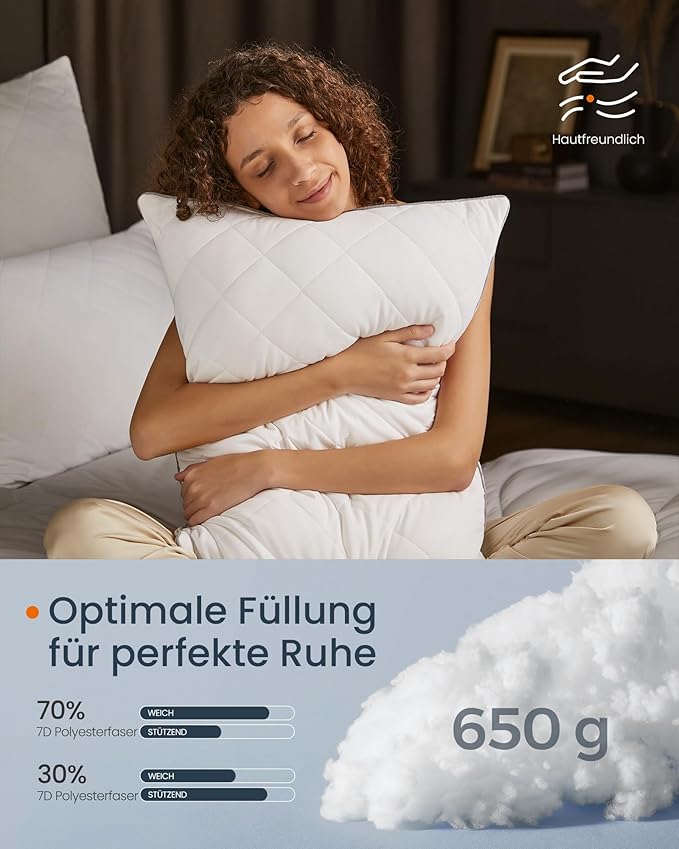 Kissen 2er Set - 80 x 40 cm - Sommer- und Winterseite - Atmungsaktiv - 650 g Füllung - Maschinenwaschbar - Weiß