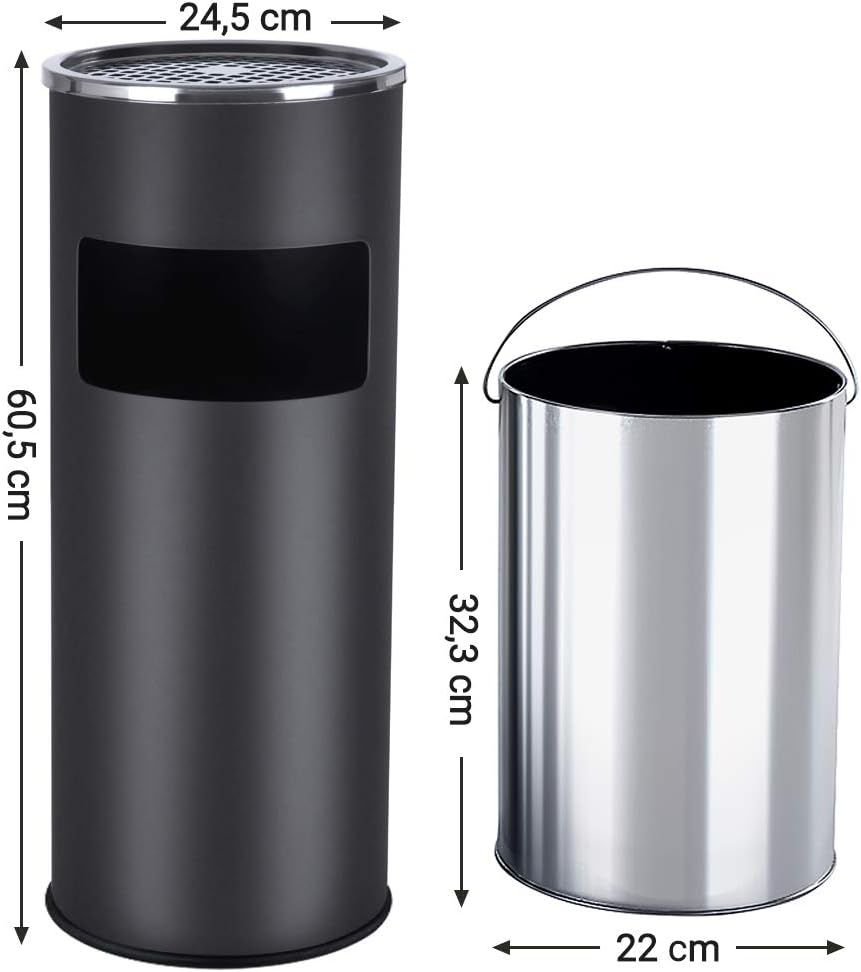 Edelstahl-Aschenbecher-Abfalleimer – Standmodell – 30 Liter – Herausnehmbarer Inneneimer – Für den Innen- und Außenbereich – Schwarz/Silber
