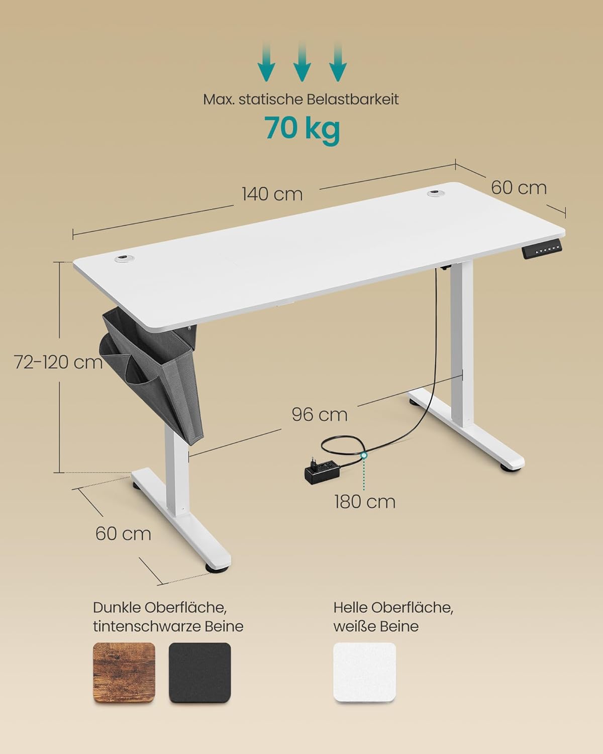 Combi+ Elektrisch höhenverstellbarer Schreibtisch + ergonomischer Bürostuhl – Komplettes Arbeitsplatz-Set – 120 x 60 bis 180 x 80 cm – USB-C-Schnellladegerät