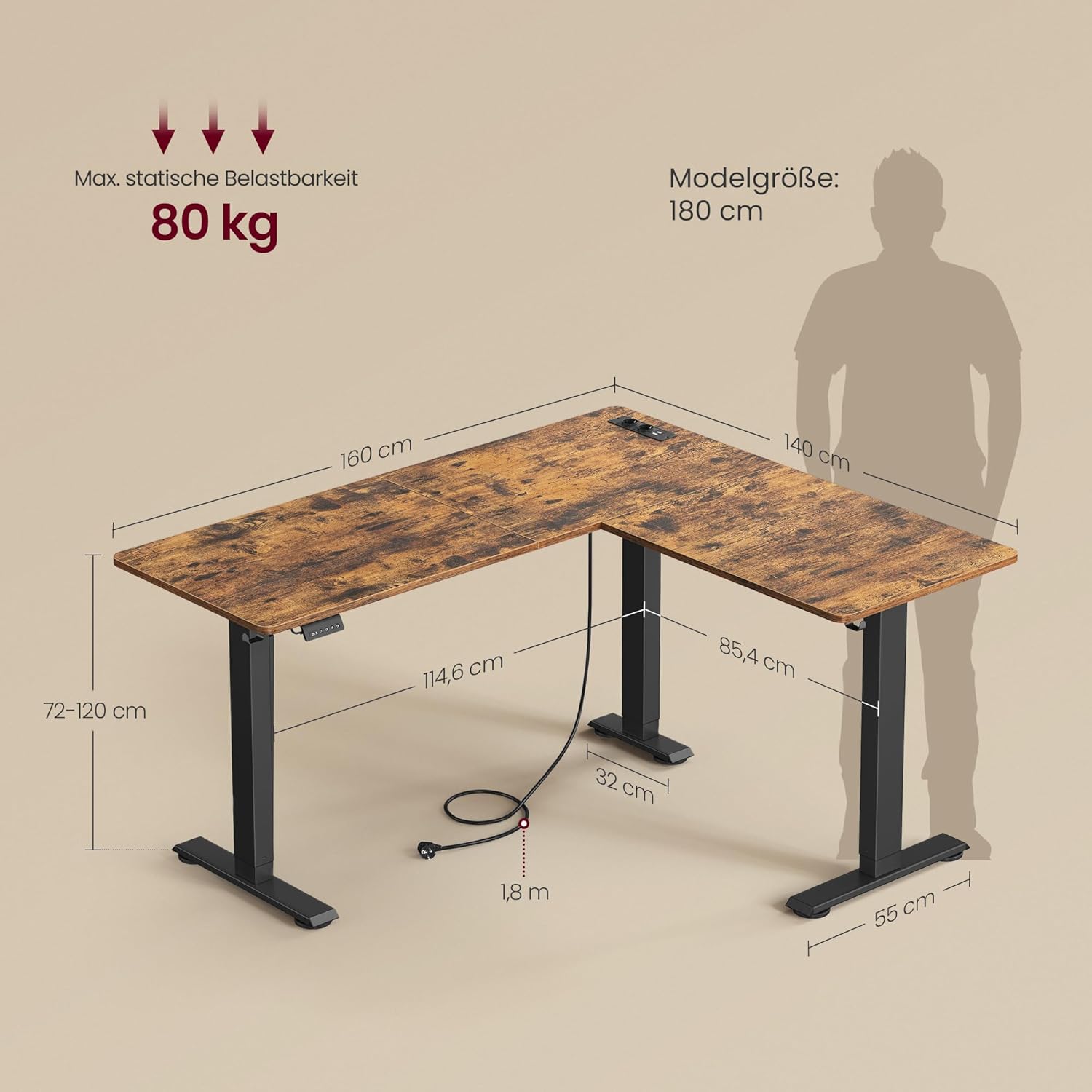 Elektrisch verstellbarer Eckschreibtisch – L-Form – 140 x 160 cm – Integrierte Steckdose und USB – Memory-Funktion – 72-120 cm Höhe
